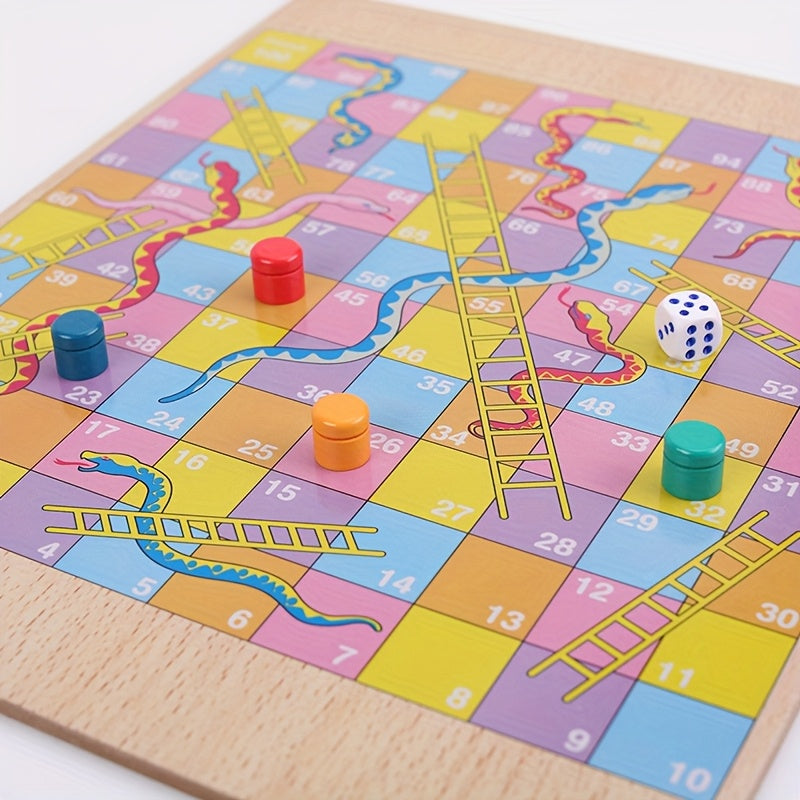 1pc Wooden Dual-Sided Snake and Flying Chess Game, Classic Indoor Tabletop Board Game, Educational Puzzle Toy Gift, Standard Edition