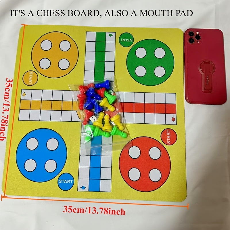 13.78*13.78inch Rubber Flying Chess Set, 16pcs Chess Pieces + 1pc Dice + 1pc Board, Portable, Travel, Flight, with Mouse Pad, for Family, Friends Gathering, Sport Fun Activity