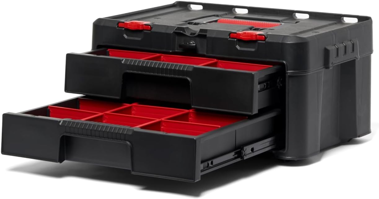 Keter Stack-n-Roll Modular Tools Organizer for Garage Storage and DIY, 4 Piece Resin Rolling Tool Box System for Small Parts, Black