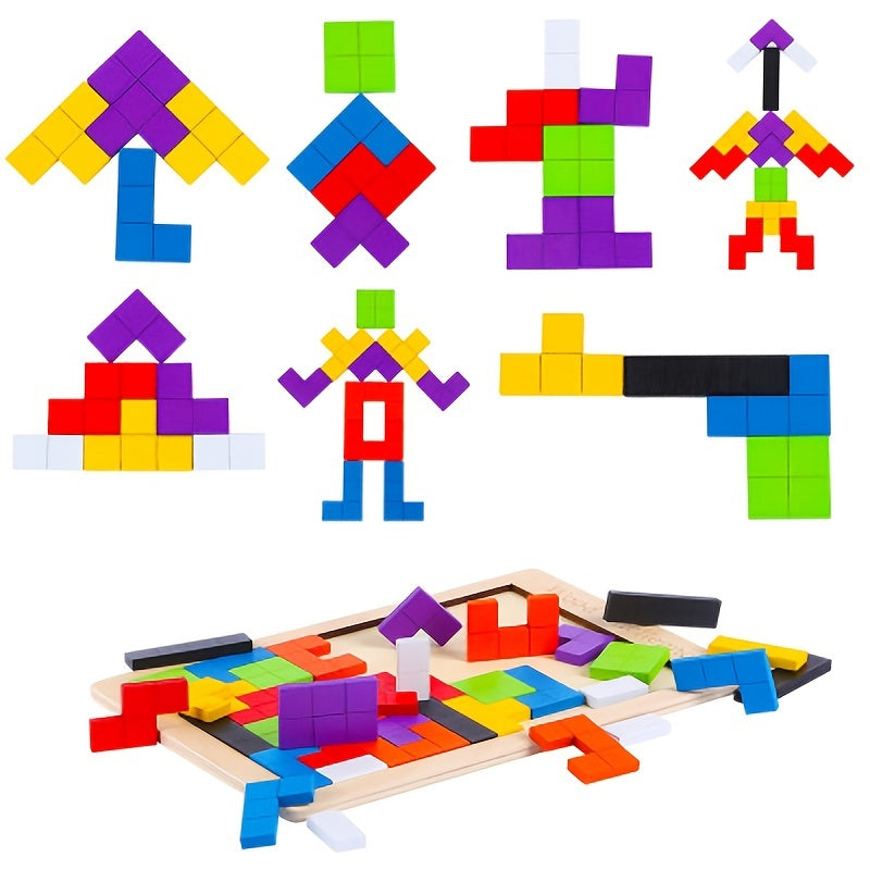 Wooden 3D Colorful Block Puzzle Board - Logic Training, Intelligence Development, Concentration Building, Parent-Child Interaction Toy, Ideal Christmas Gift for Kids, Logic Puzzle Board|Colorful Block Puzzle|Wooden Construction, Wooden Puzzle