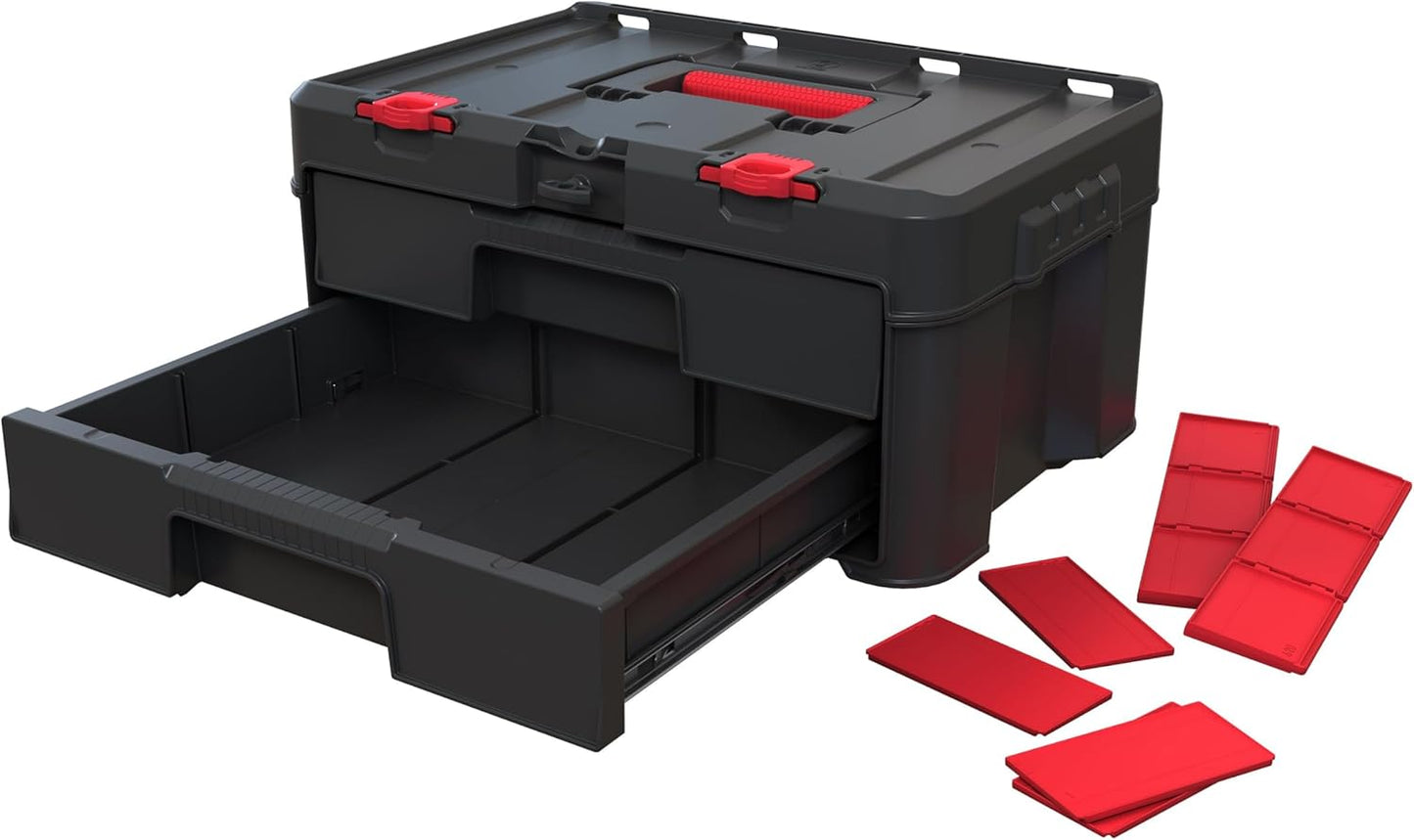 Keter Stack-n-Roll Modular Tools Organizer for Garage Storage and DIY, 4 Piece Resin Rolling Tool Box System for Small Parts, Black