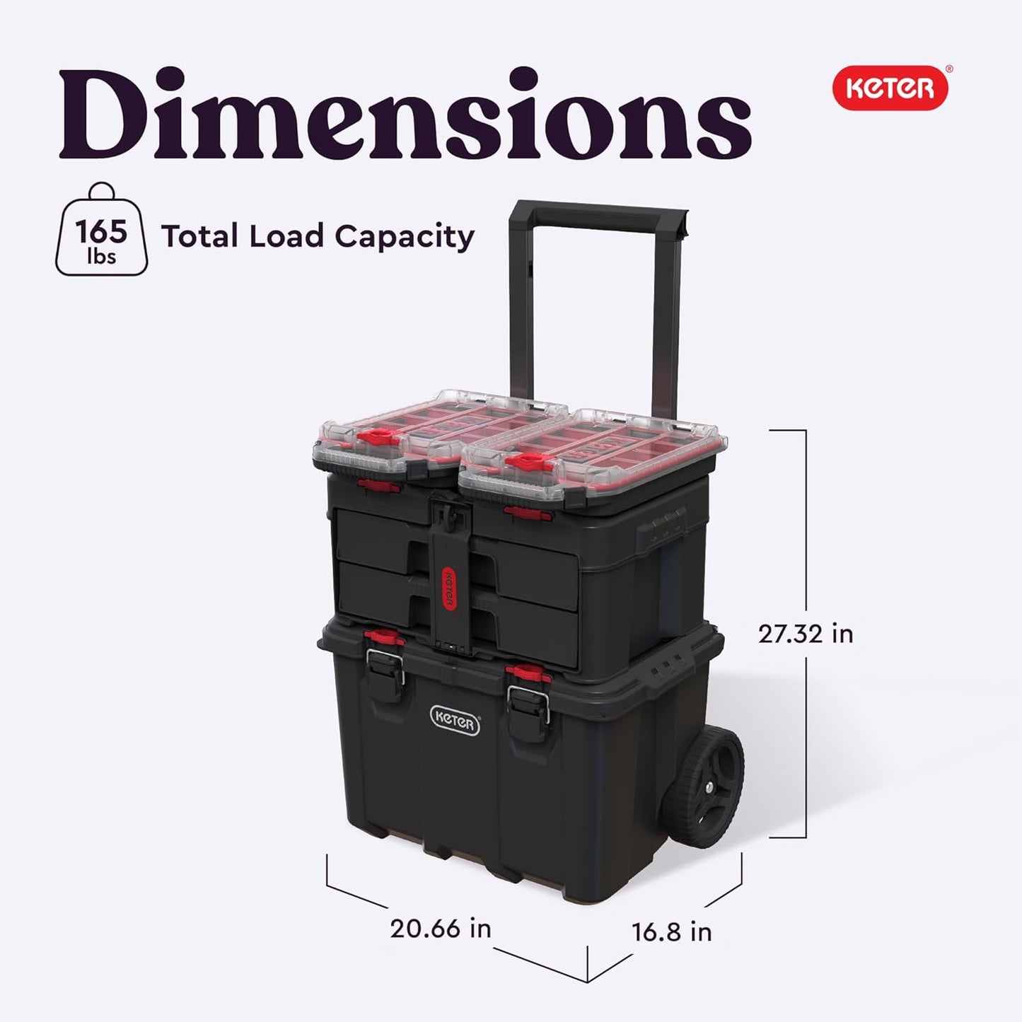 Keter Stack-n-Roll Modular Tools Organizer for Garage Storage and DIY, 3 Piece Resin Rolling Tool Box System for Small Parts, Black