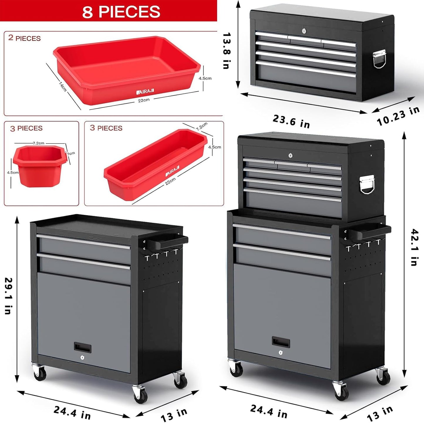 Tool Chest 8-Drawer | 42'' Large Rolling Tool Chest with Wheels | Detachable Top Metal Tool Box | Garage Storage Cabinet for Repair Room,Warehouse | Rolling Tool Box with Hooks,Liners,Tray Divider