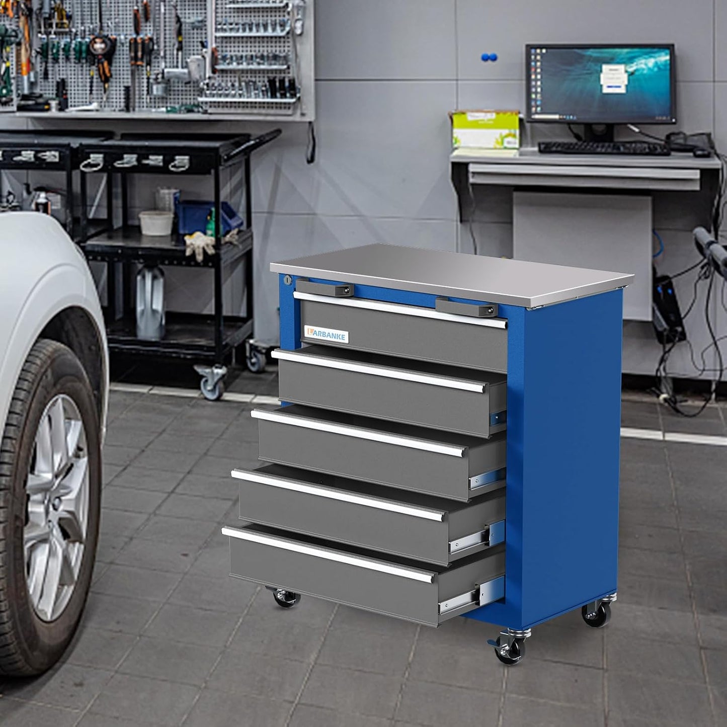 Tool Chest with Wheels and 4 Pad Feet,Tool Chest with 2 Doors and Adjustable Shelves,Lockable Steel Chest for Garage,Home and Office,can be Combined to Large Cabinet Set