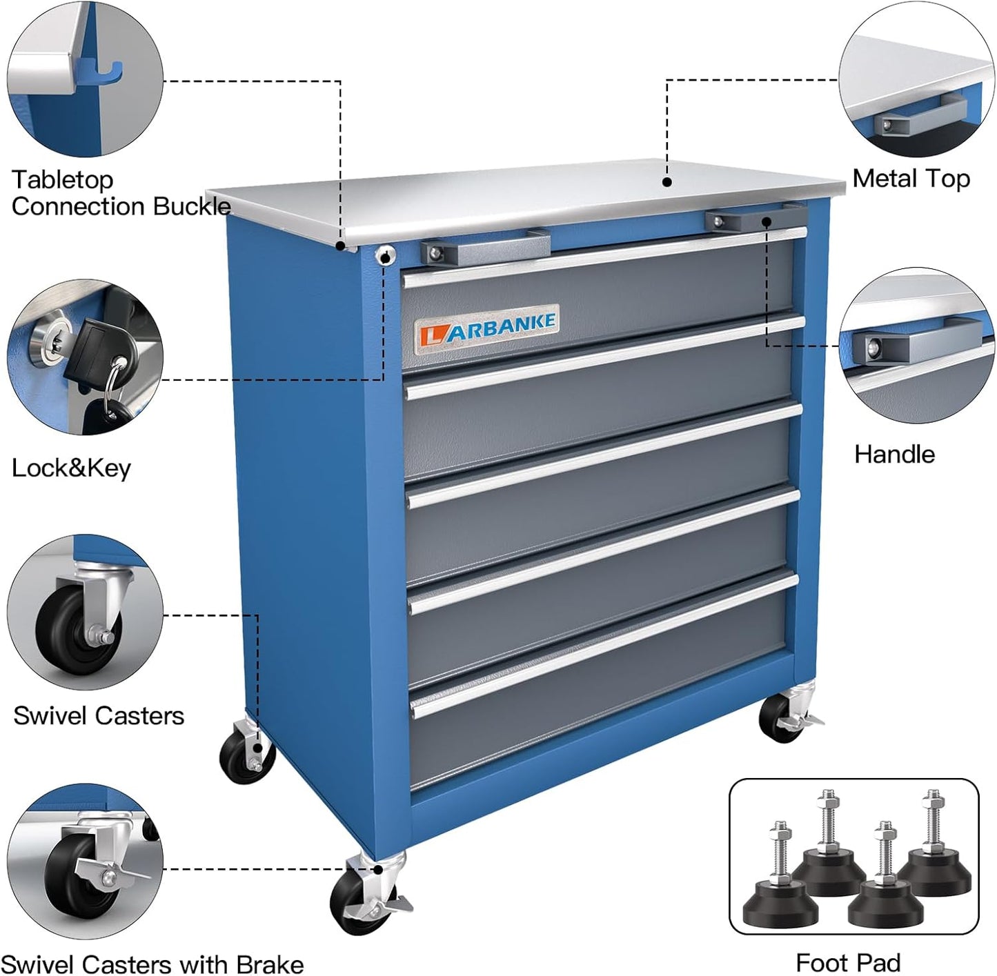 Tool Chest with Wheels and 4 Pad Feet,Tool Chest with 2 Doors and Adjustable Shelves,Lockable Steel Chest for Garage,Home and Office,can be Combined to Large Cabinet Set