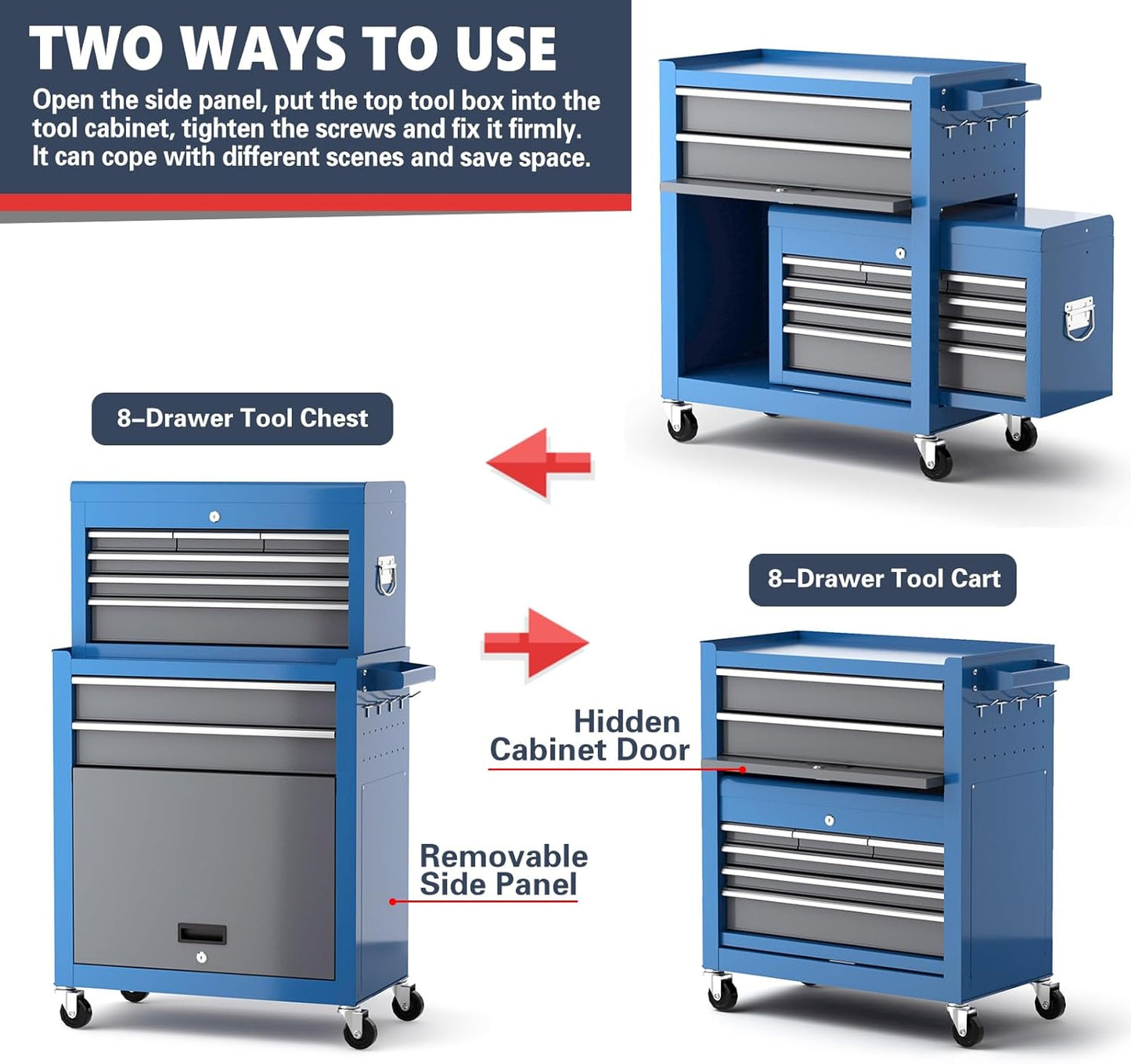 Tool Chest 8-Drawer | 42'' Large Rolling Tool Chest with Wheels | Detachable Top Metal Tool Box | Garage Storage Cabinet for Repair Room,Warehouse | Rolling Tool Box with Hooks,Liners,Tray Divider