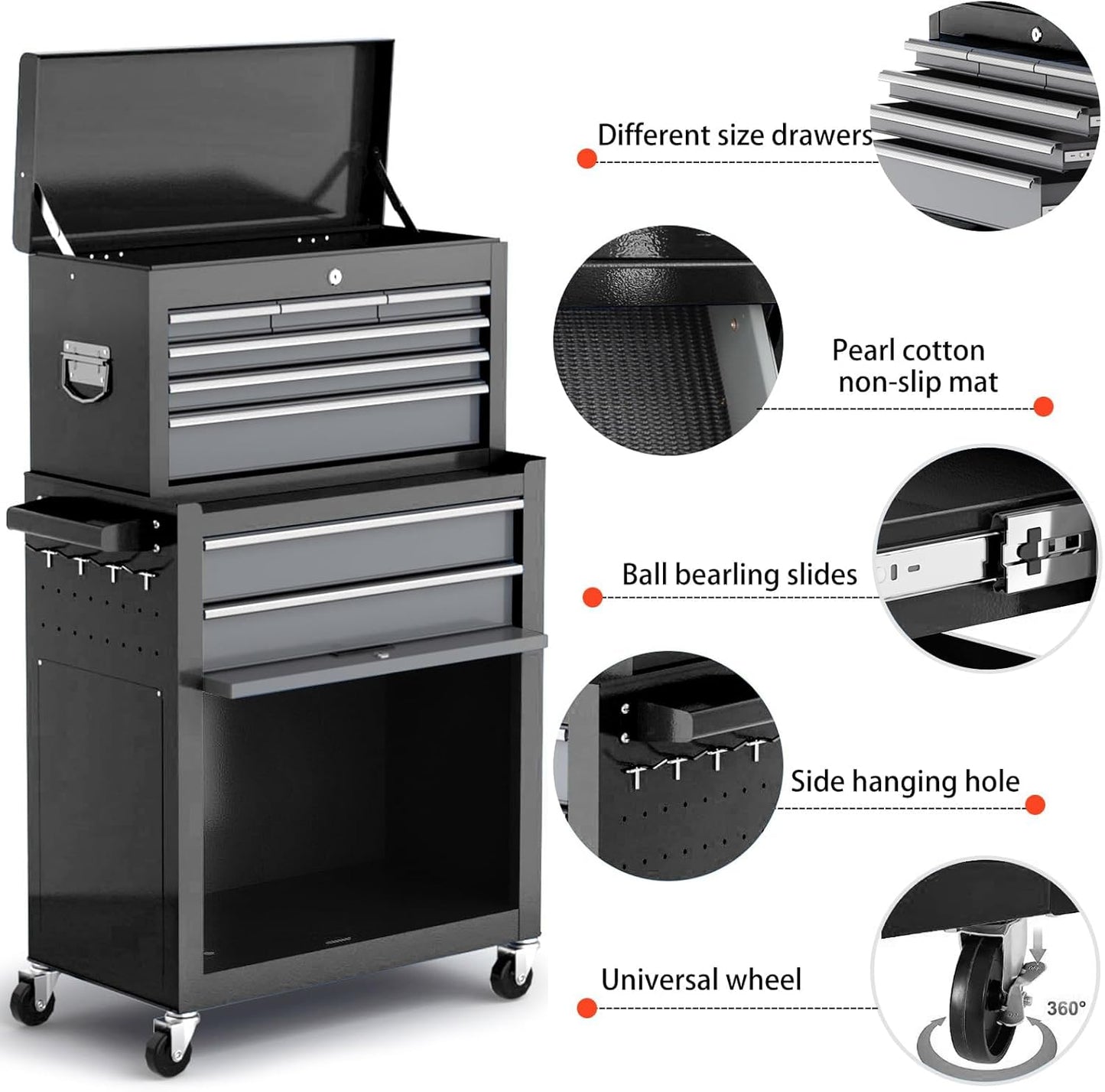 Tool Chest 8-Drawer | 42'' Large Rolling Tool Chest with Wheels | Detachable Top Metal Tool Box | Garage Storage Cabinet for Repair Room,Warehouse | Rolling Tool Box with Hooks,Liners,Tray Divider