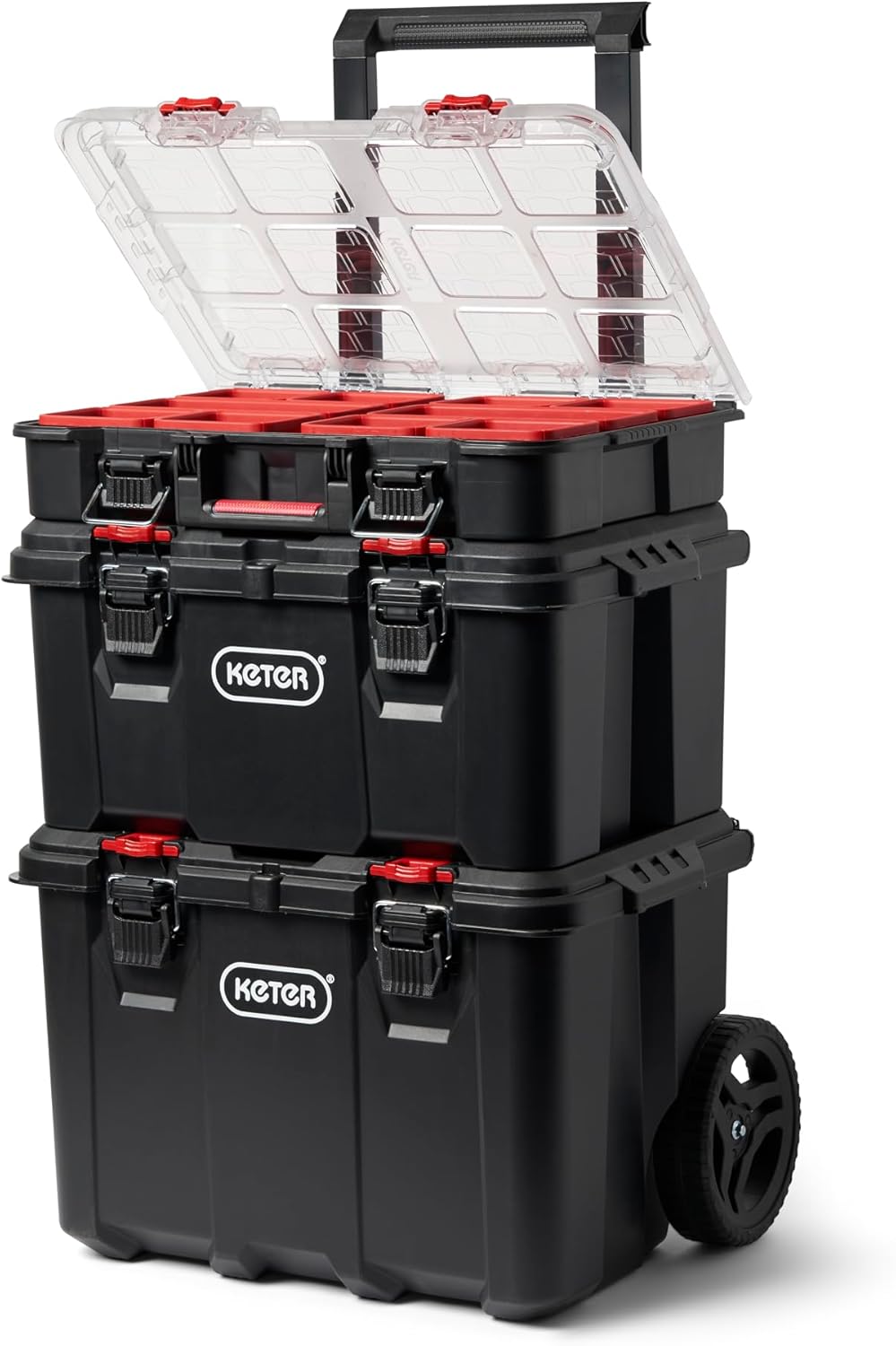Keter Stack-n-Roll Modular Tools Organizer for Garage Storage and DIY, 4 Piece Resin Rolling Tool Box System for Small Parts, Black