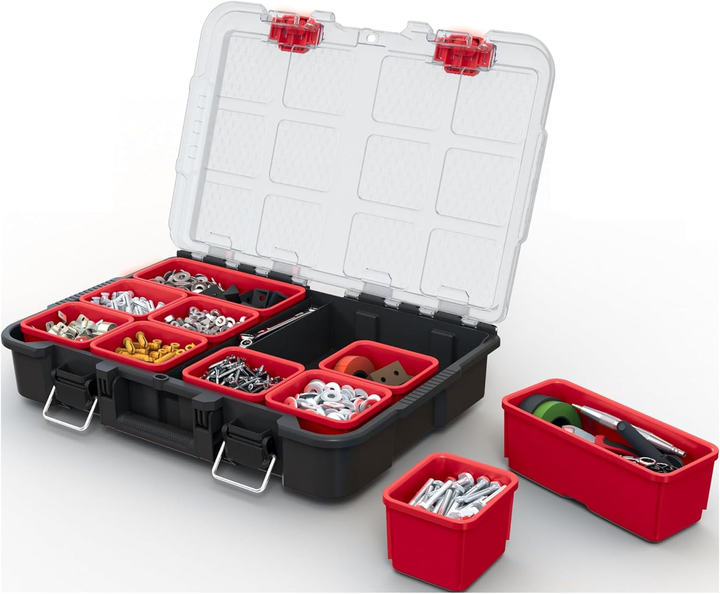 Keter Stack-n-Roll Modular Tools Organizer for Garage Storage and DIY, 4 Piece Resin Rolling Tool Box System for Small Parts, Black