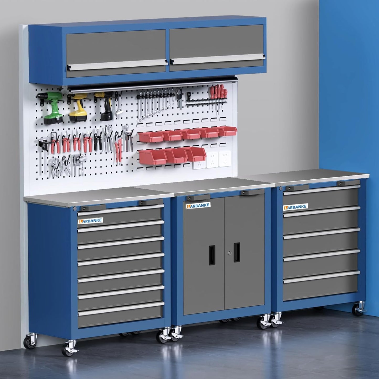 Tool Chest with Wheels and 4 Pad Feet,Tool Chest with 2 Doors and Adjustable Shelves,Lockable Steel Chest for Garage,Home and Office,can be Combined to Large Cabinet Set