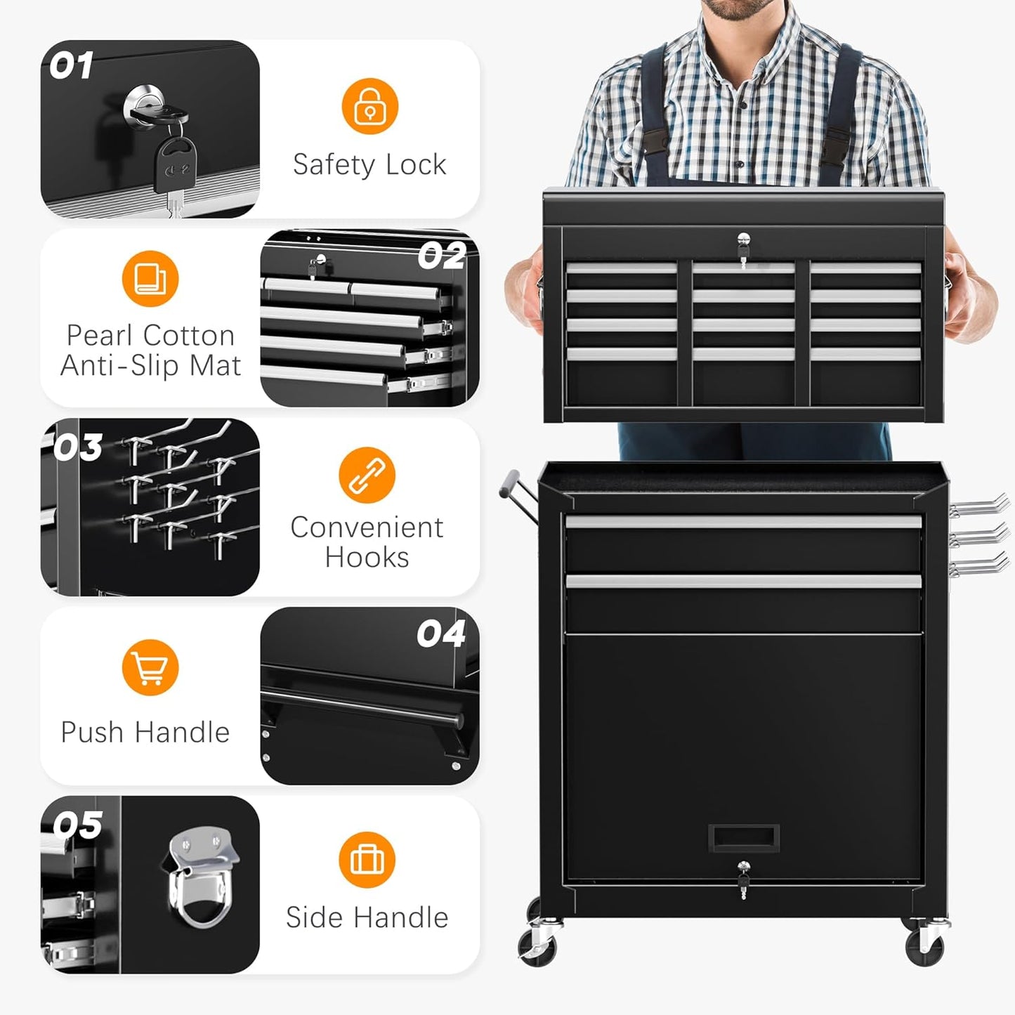 INTERGREAT Rolling Tool Chest with Wheels and 8 Drawers, Detachable Large Tool Cabinet with Lock for Garage, Locking Mechanic Tool Cart with Black Liner for Warehouse, Workshop, High Capacity
