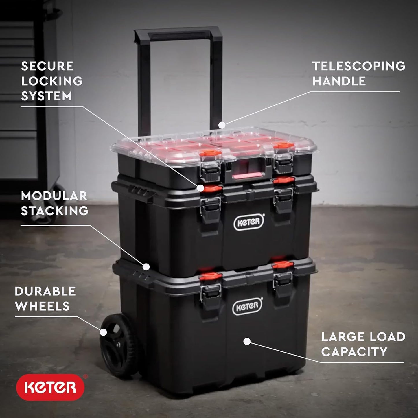 Keter Stack-n-Roll Modular Tools Organizer for Garage Storage and DIY, 4 Piece Resin Rolling Tool Box System for Small Parts, Black