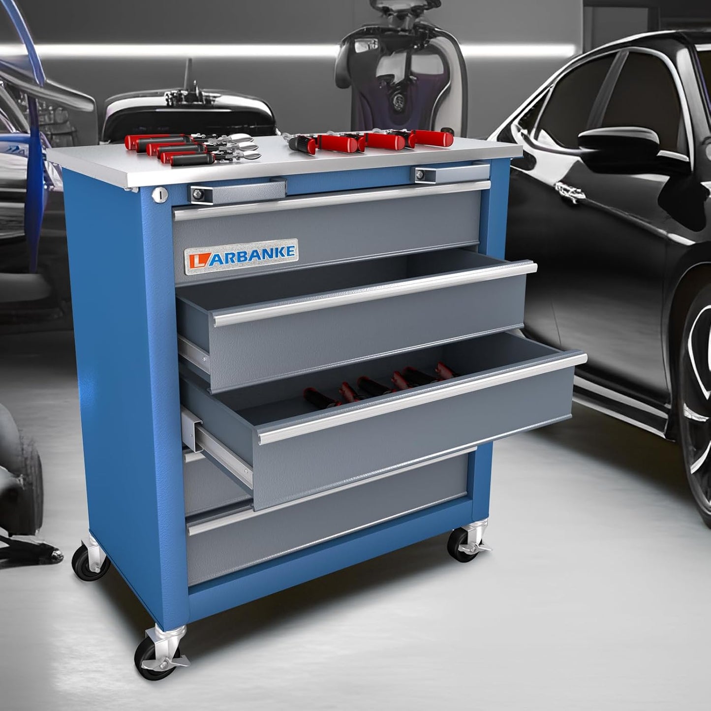 Tool Chest with Wheels and 4 Pad Feet,Tool Chest with 2 Doors and Adjustable Shelves,Lockable Steel Chest for Garage,Home and Office,can be Combined to Large Cabinet Set