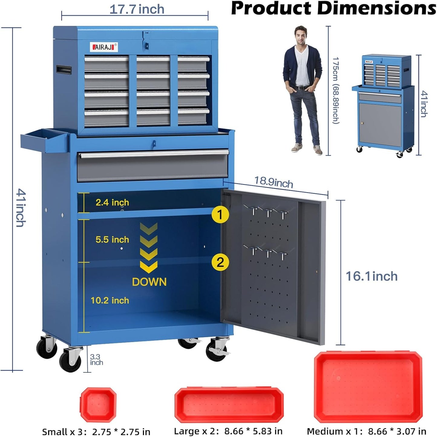 Tool Chest 7-Drawer | 40'' H Rolling Tool Chest with Wheels | Detachable Top Metal Tool Box | Garage Storage Cabinet for Repair Room,Warehouse | Rolling Tool Box with Hooks,Liners,Tray Divider