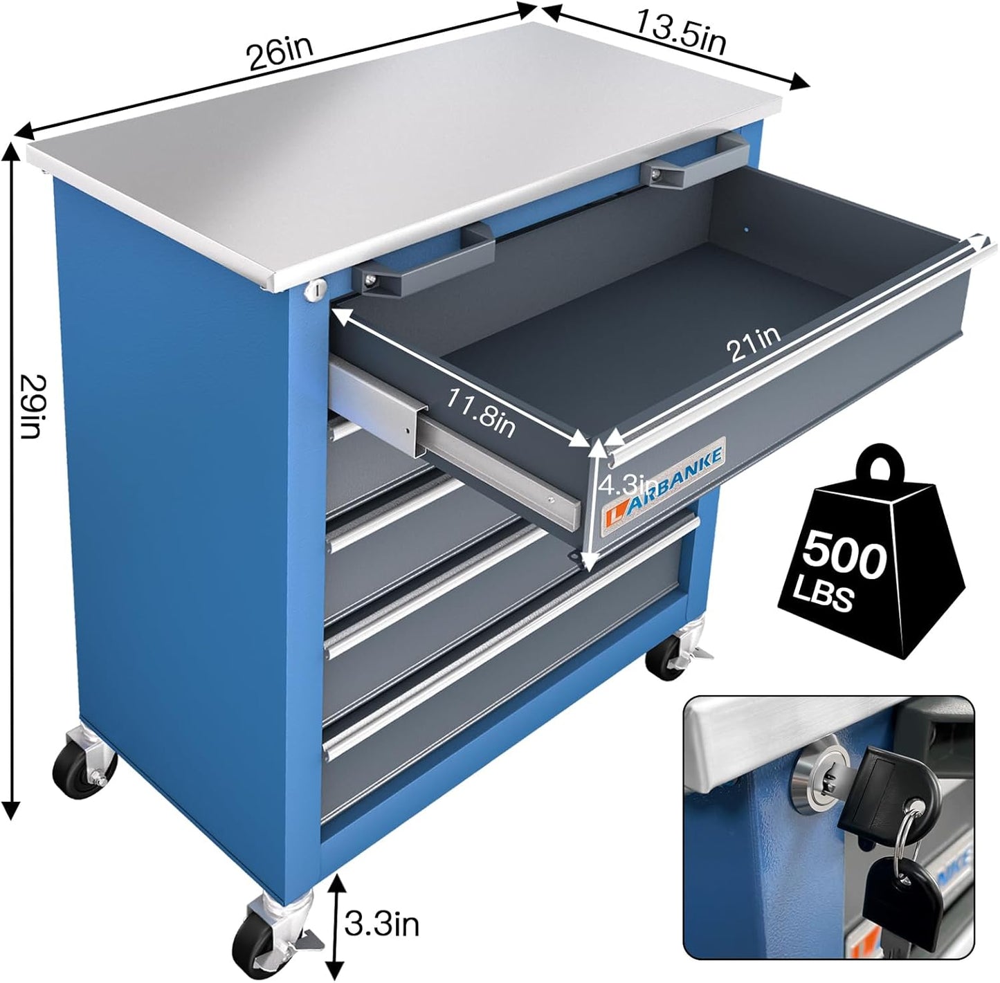 Tool Chest with Wheels and 4 Pad Feet,Tool Chest with 2 Doors and Adjustable Shelves,Lockable Steel Chest for Garage,Home and Office,can be Combined to Large Cabinet Set
