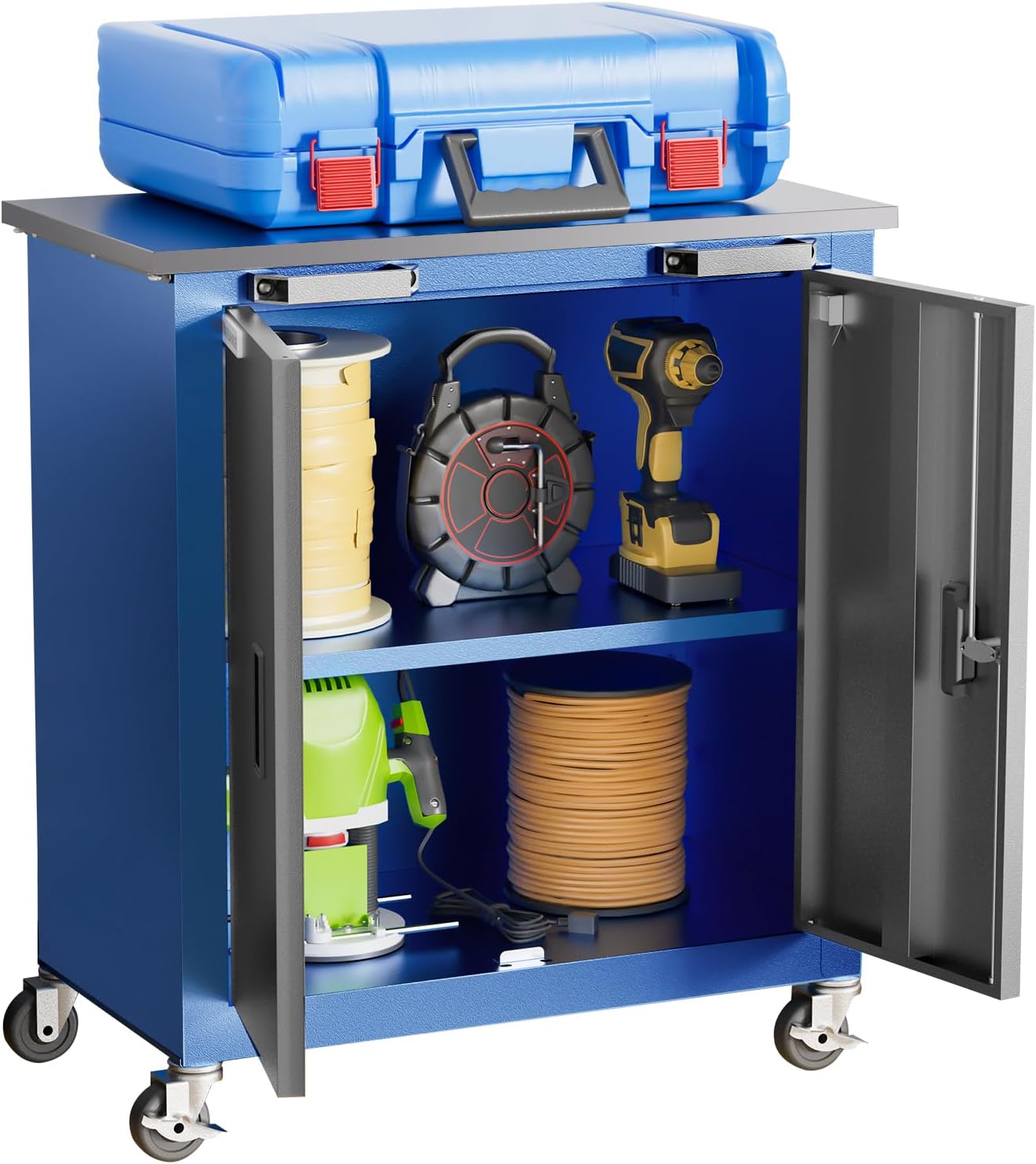 Tool Chest with Wheels and 4 Pad Feet,Tool Chest with 2 Doors and Adjustable Shelves,Lockable Steel Chest for Garage,Home and Office,can be Combined to Large Cabinet Set