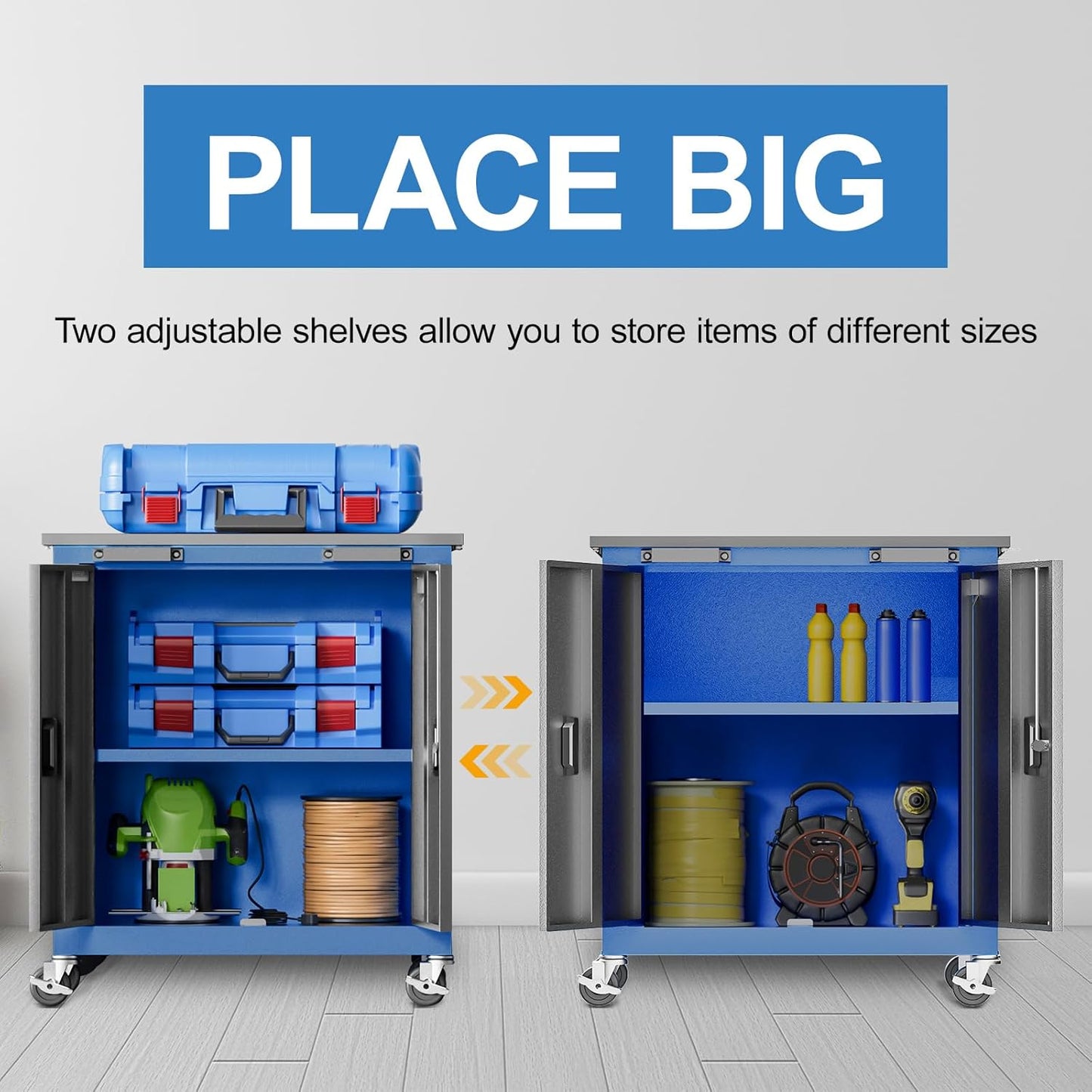 Tool Chest with Wheels and 4 Pad Feet,Tool Chest with 2 Doors and Adjustable Shelves,Lockable Steel Chest for Garage,Home and Office,can be Combined to Large Cabinet Set