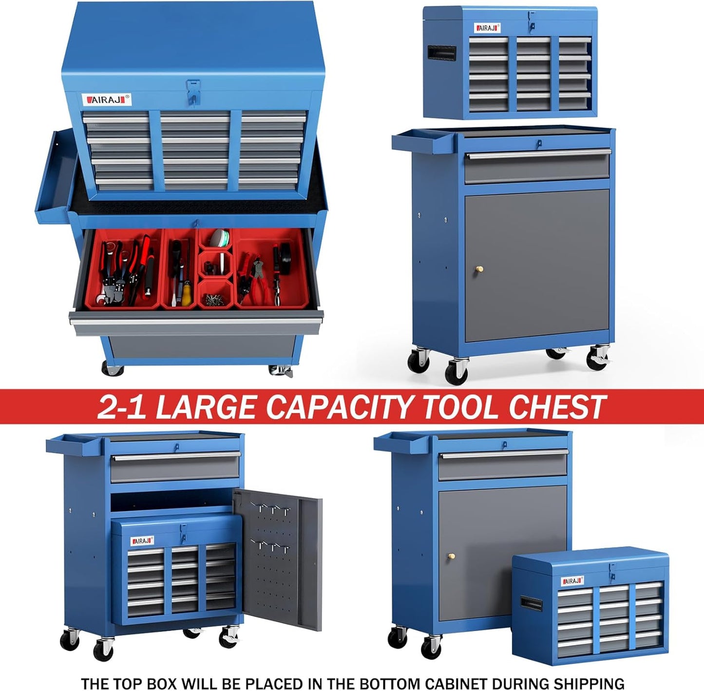 Tool Chest 7-Drawer | 40'' H Rolling Tool Chest with Wheels | Detachable Top Metal Tool Box | Garage Storage Cabinet for Repair Room,Warehouse | Rolling Tool Box with Hooks,Liners,Tray Divider