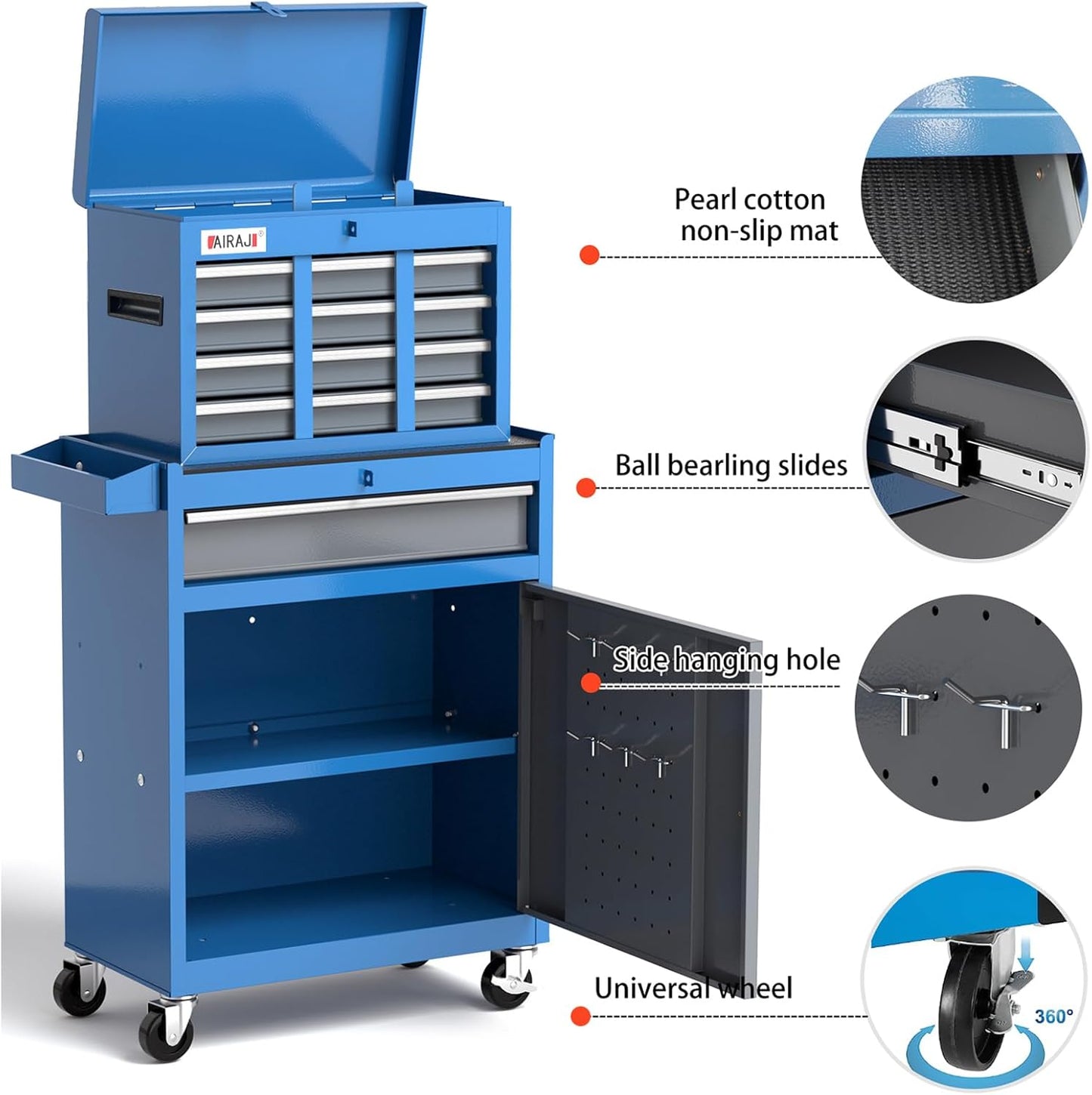 Tool Chest 7-Drawer | 40'' H Rolling Tool Chest with Wheels | Detachable Top Metal Tool Box | Garage Storage Cabinet for Repair Room,Warehouse | Rolling Tool Box with Hooks,Liners,Tray Divider