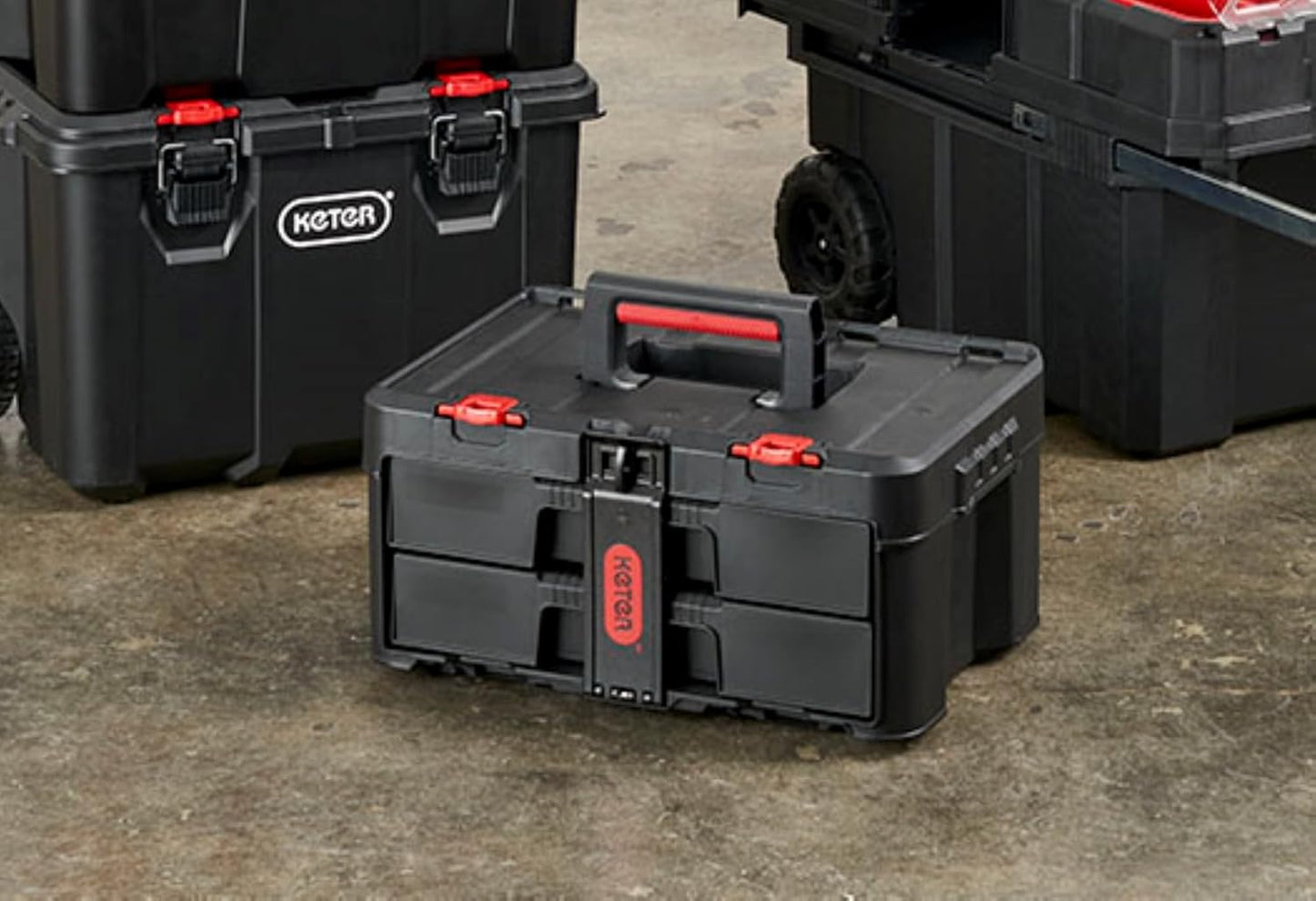 Keter Stack-n-Roll Modular Tools Organizer for Garage Storage and DIY, 4 Piece Resin Rolling Tool Box System for Small Parts, Black