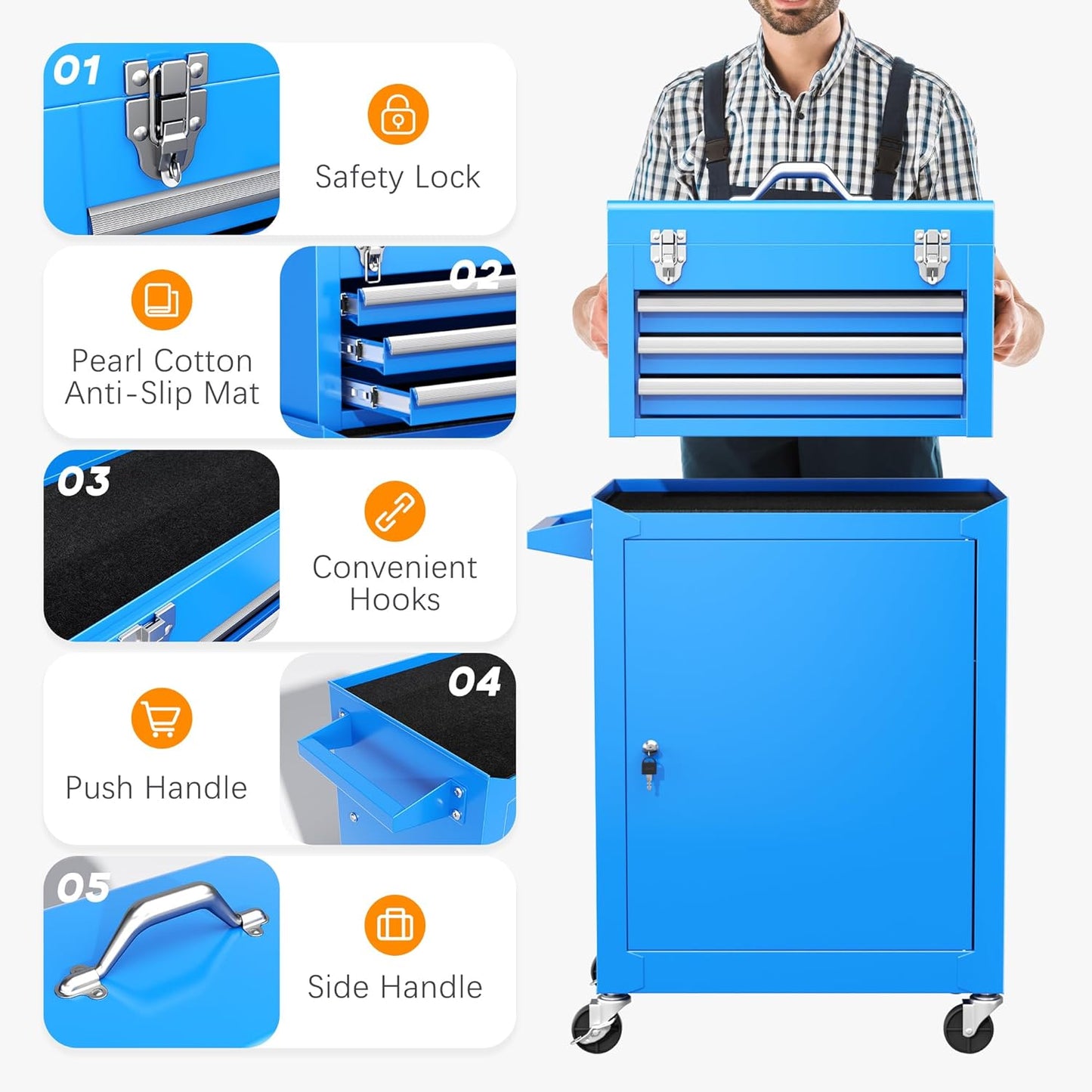 INTERGREAT Rolling Tool Chest with Wheels and 8 Drawers, Detachable Large Tool Cabinet with Lock for Garage, Locking Mechanic Tool Cart with Black Liner for Warehouse, Workshop, High Capacity