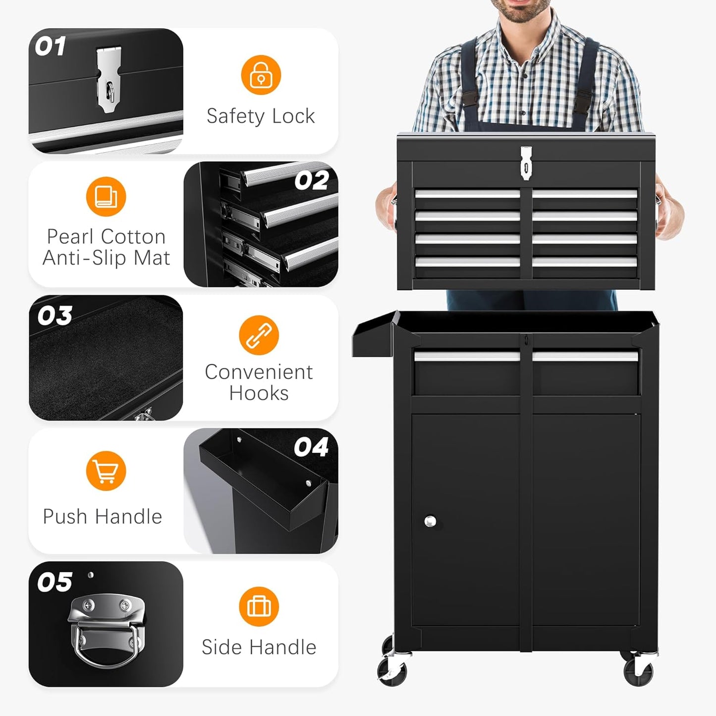 INTERGREAT Rolling Tool Chest with Wheels and 8 Drawers, Detachable Large Tool Cabinet with Lock for Garage, Locking Mechanic Tool Cart with Black Liner for Warehouse, Workshop, High Capacity