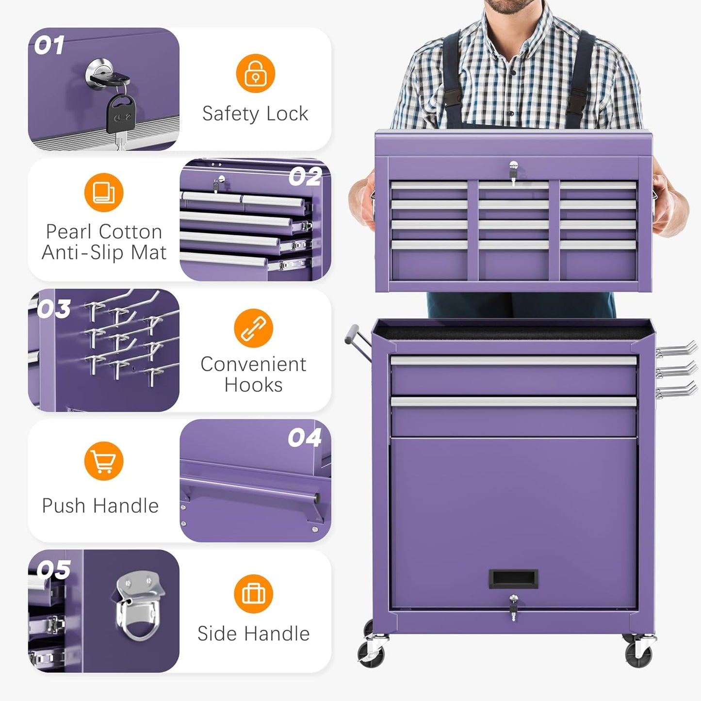 INTERGREAT Rolling Tool Chest with Wheels and 8 Drawers, Detachable Large Tool Cabinet with Lock for Garage, Locking Mechanic Tool Cart with Black Liner for Warehouse, Workshop, High Capacity