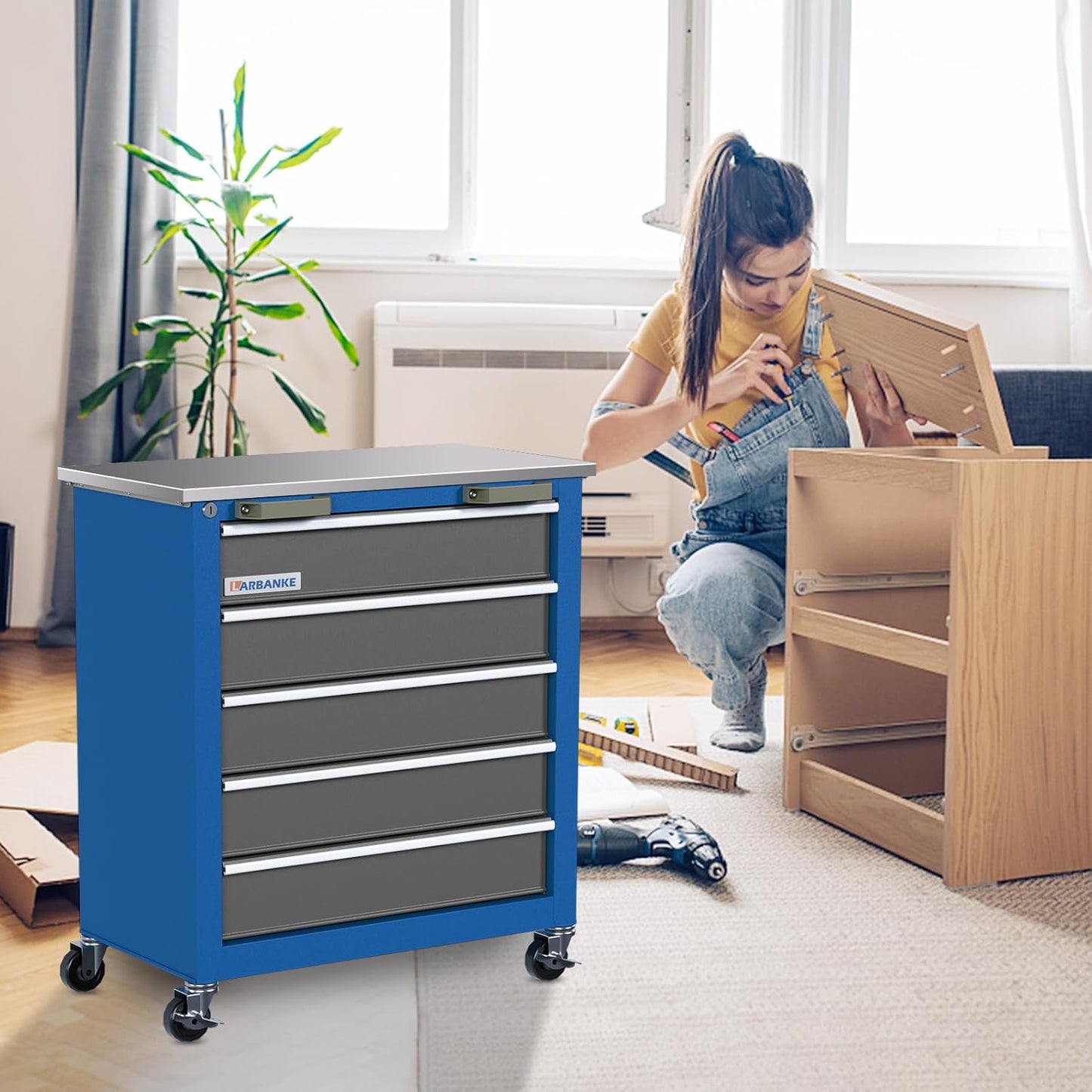 Tool Chest with Wheels and 4 Pad Feet,Tool Chest with 2 Doors and Adjustable Shelves,Lockable Steel Chest for Garage,Home and Office,can be Combined to Large Cabinet Set