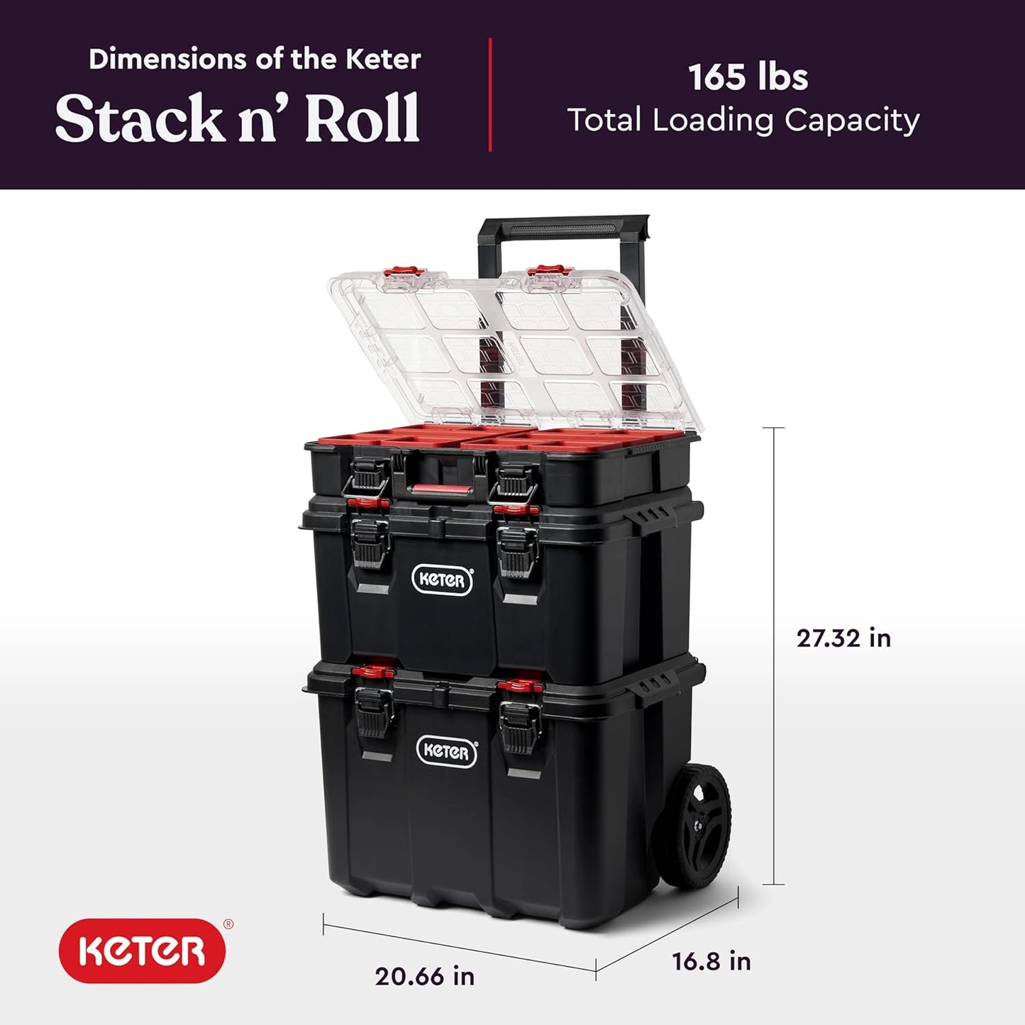 Keter Stack-n-Roll Modular Tools Organizer for Garage Storage and DIY, 4 Piece Resin Rolling Tool Box System for Small Parts, Black