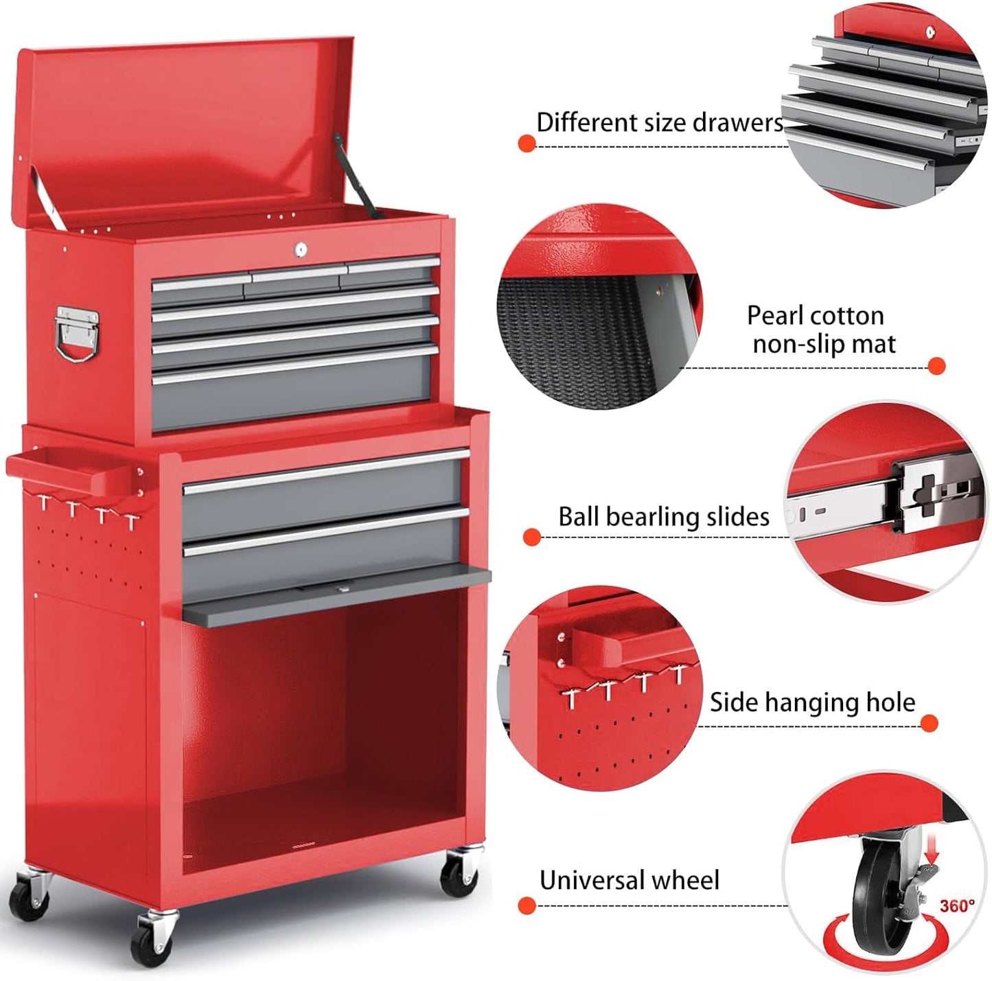 Tool Chest 8-Drawer | 42'' Large Rolling Tool Chest with Wheels | Detachable Top Metal Tool Box | Garage Storage Cabinet for Repair Room,Warehouse | Rolling Tool Box with Hooks,Liners,Tray Divider