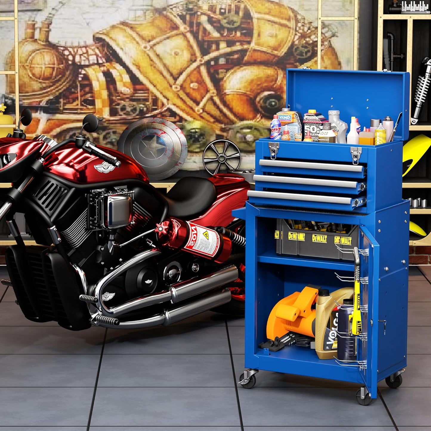 INTERGREAT Rolling Tool Chest with Wheels and 8 Drawers, Detachable Large Tool Cabinet with Lock for Garage, Locking Mechanic Tool Cart with Black Liner for Warehouse, Workshop, High Capacity