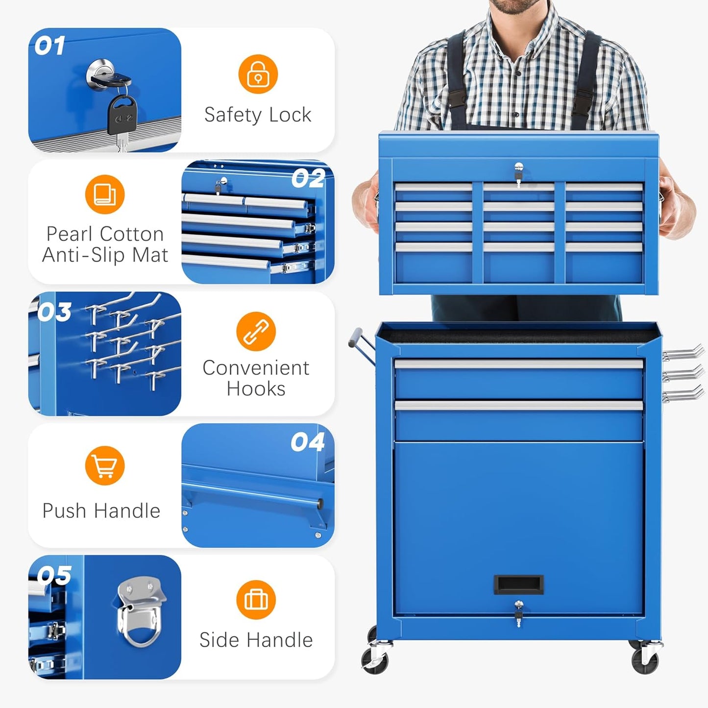 INTERGREAT Rolling Tool Chest with Wheels and 8 Drawers, Detachable Large Tool Cabinet with Lock for Garage, Locking Mechanic Tool Cart with Black Liner for Warehouse, Workshop, High Capacity