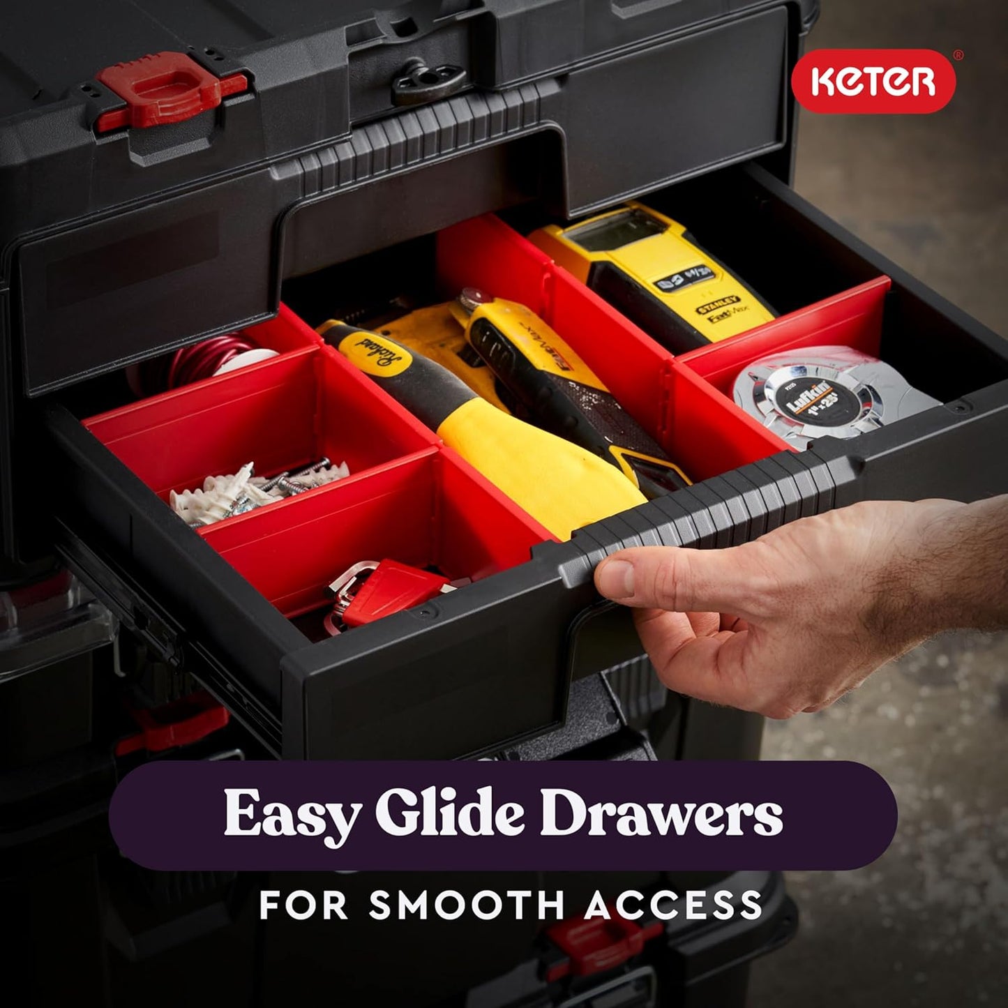 Keter Stack-n-Roll Modular Tools Organizer for Garage Storage and DIY, 4 Piece Resin Rolling Tool Box System for Small Parts, Black