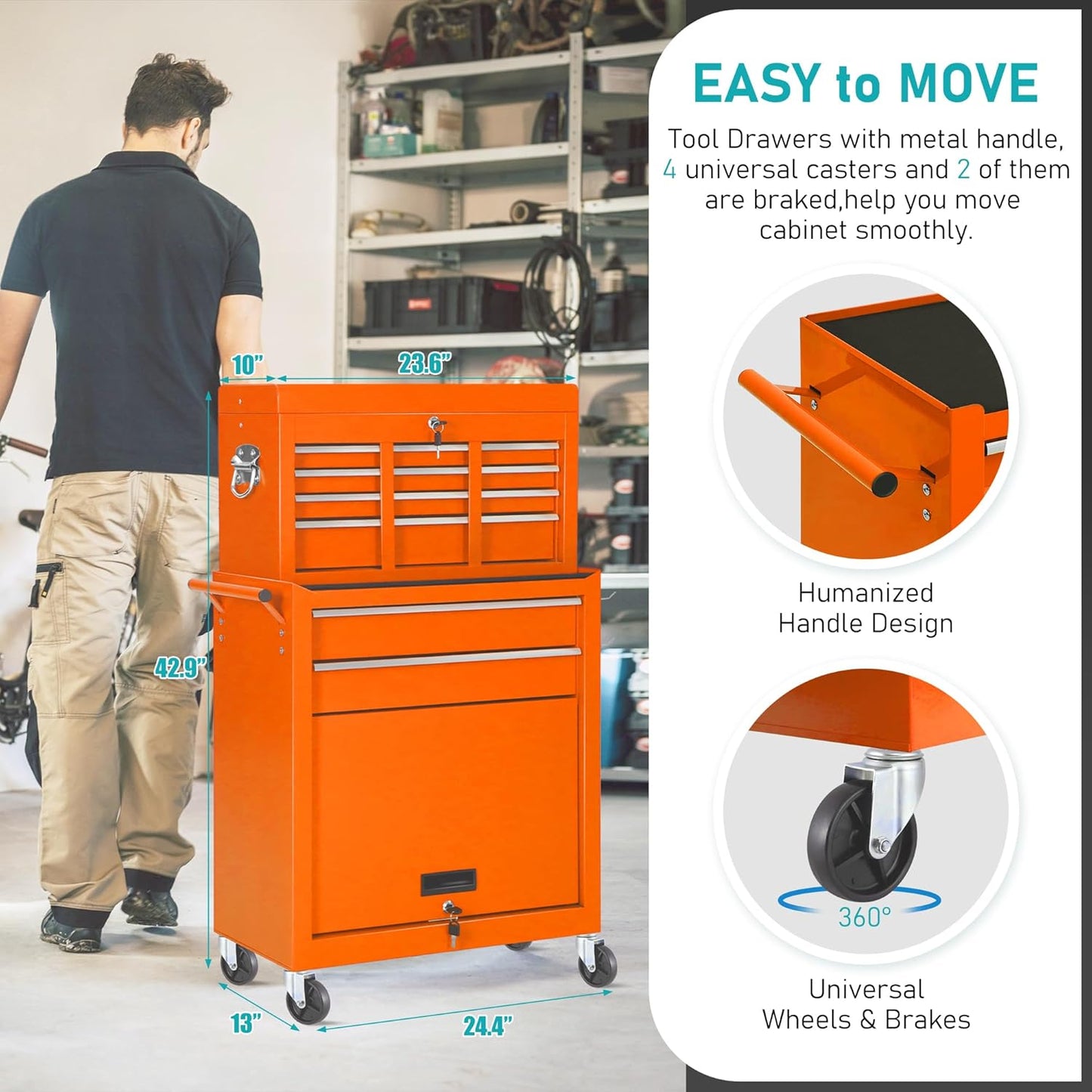 INTERGREAT Rolling Tool Chest with Wheels and 8 Drawers, Detachable Large Tool Cabinet with Lock for Garage, Locking Mechanic Tool Cart with Black Liner for Warehouse, Workshop, High Capacity