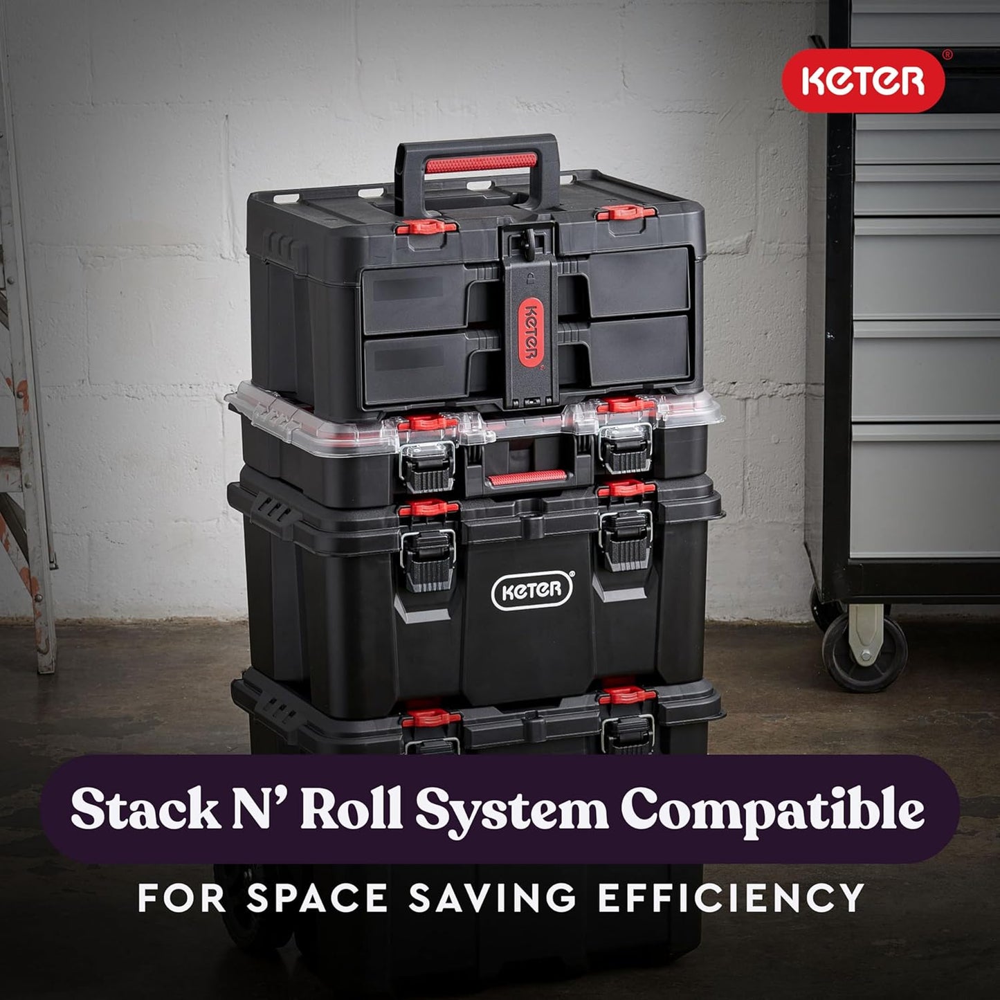 Keter Stack-n-Roll Modular Tools Organizer for Garage Storage and DIY, 4 Piece Resin Rolling Tool Box System for Small Parts, Black