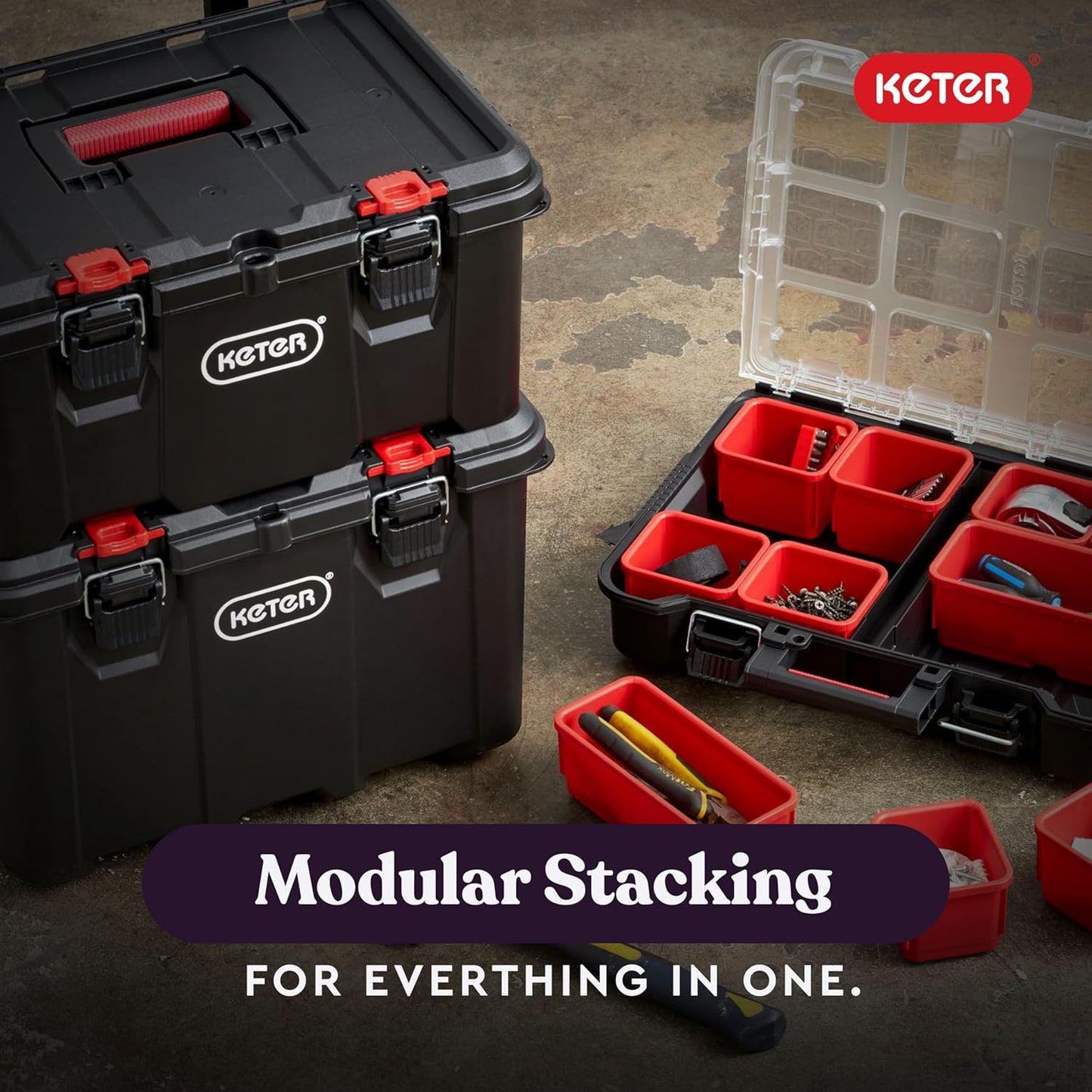 Keter Stack-n-Roll Modular Tools Organizer for Garage Storage and DIY, 4 Piece Resin Rolling Tool Box System for Small Parts, Black