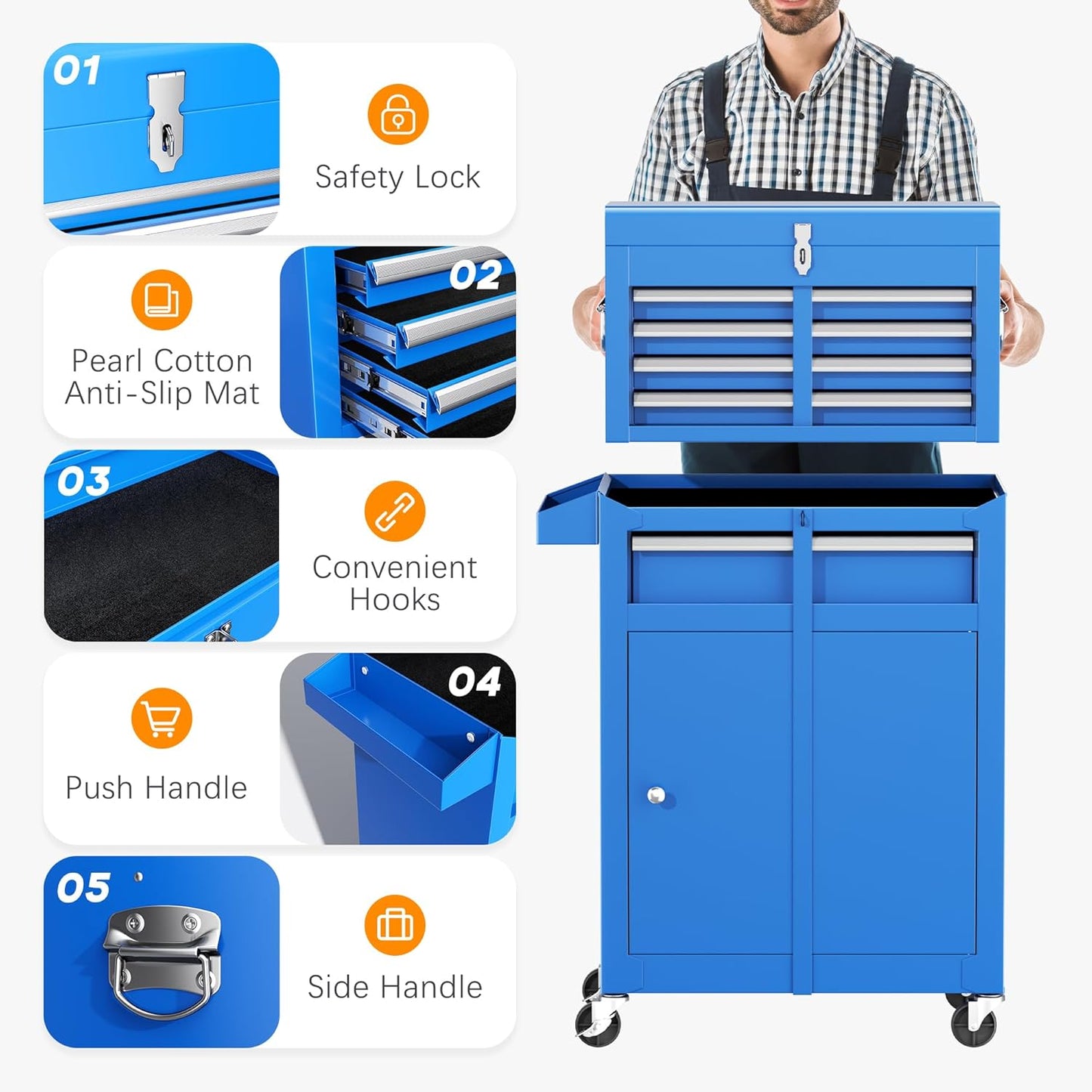 INTERGREAT Rolling Tool Chest with Wheels and 8 Drawers, Detachable Large Tool Cabinet with Lock for Garage, Locking Mechanic Tool Cart with Black Liner for Warehouse, Workshop, High Capacity
