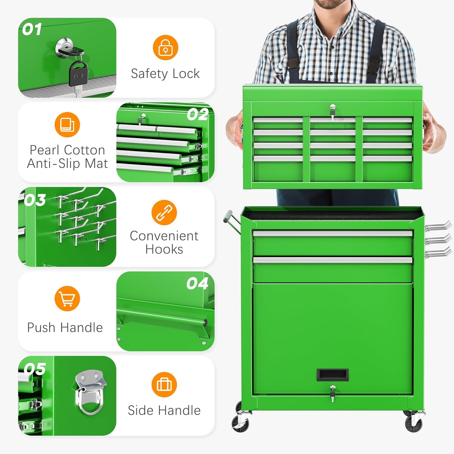 INTERGREAT Rolling Tool Chest with Wheels and 8 Drawers, Detachable Large Tool Cabinet with Lock for Garage, Locking Mechanic Tool Cart with Black Liner for Warehouse, Workshop, High Capacity