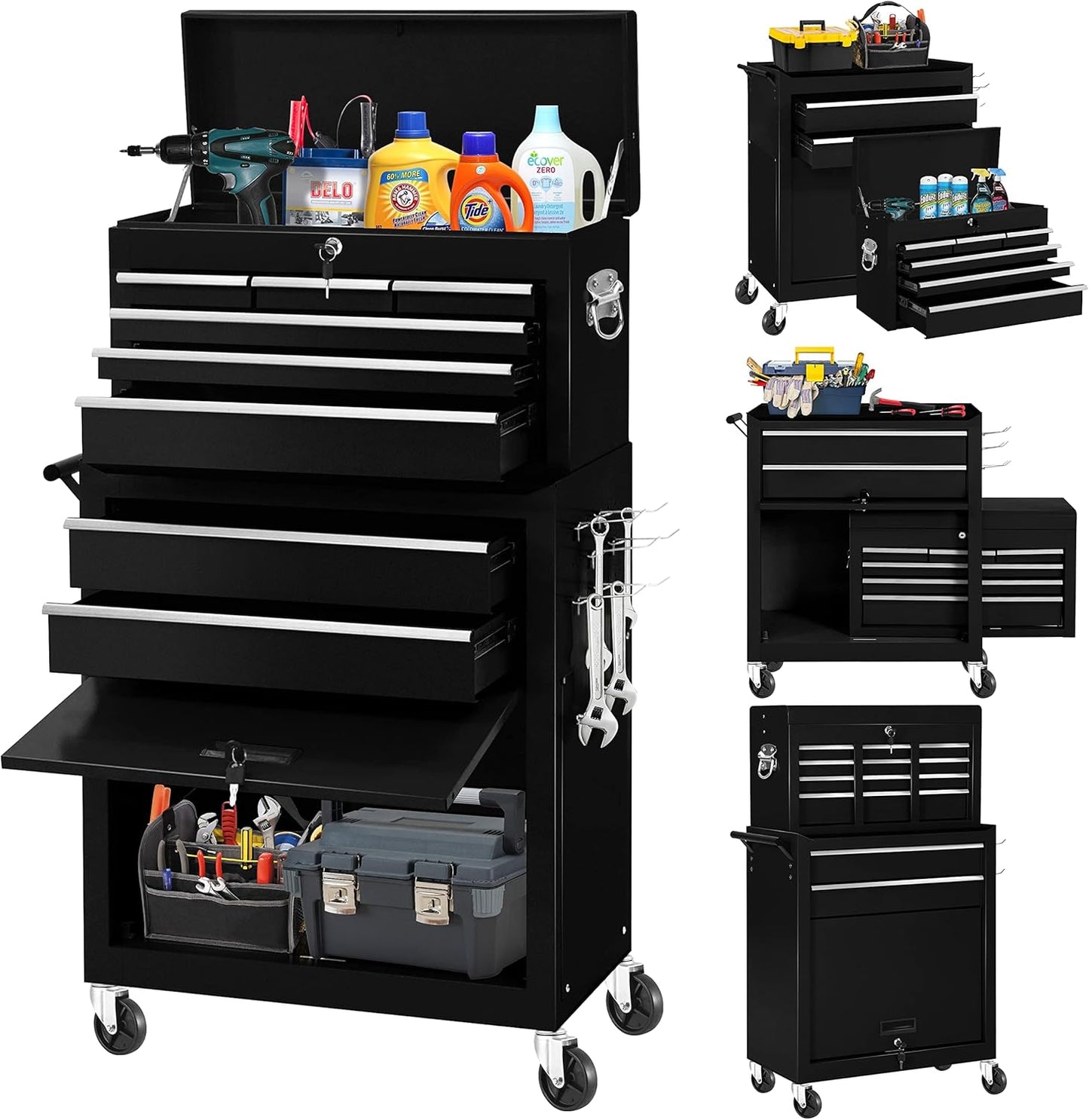 INTERGREAT Rolling Tool Chest with Wheels and 8 Drawers, Detachable Large Tool Cabinet with Lock for Garage, Locking Mechanic Tool Cart with Black Liner for Warehouse, Workshop, High Capacity