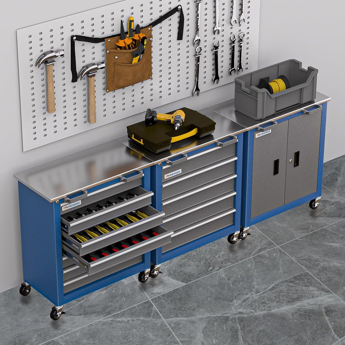 Tool Chest with Wheels and 4 Pad Feet,Tool Chest with 2 Doors and Adjustable Shelves,Lockable Steel Chest for Garage,Home and Office,can be Combined to Large Cabinet Set