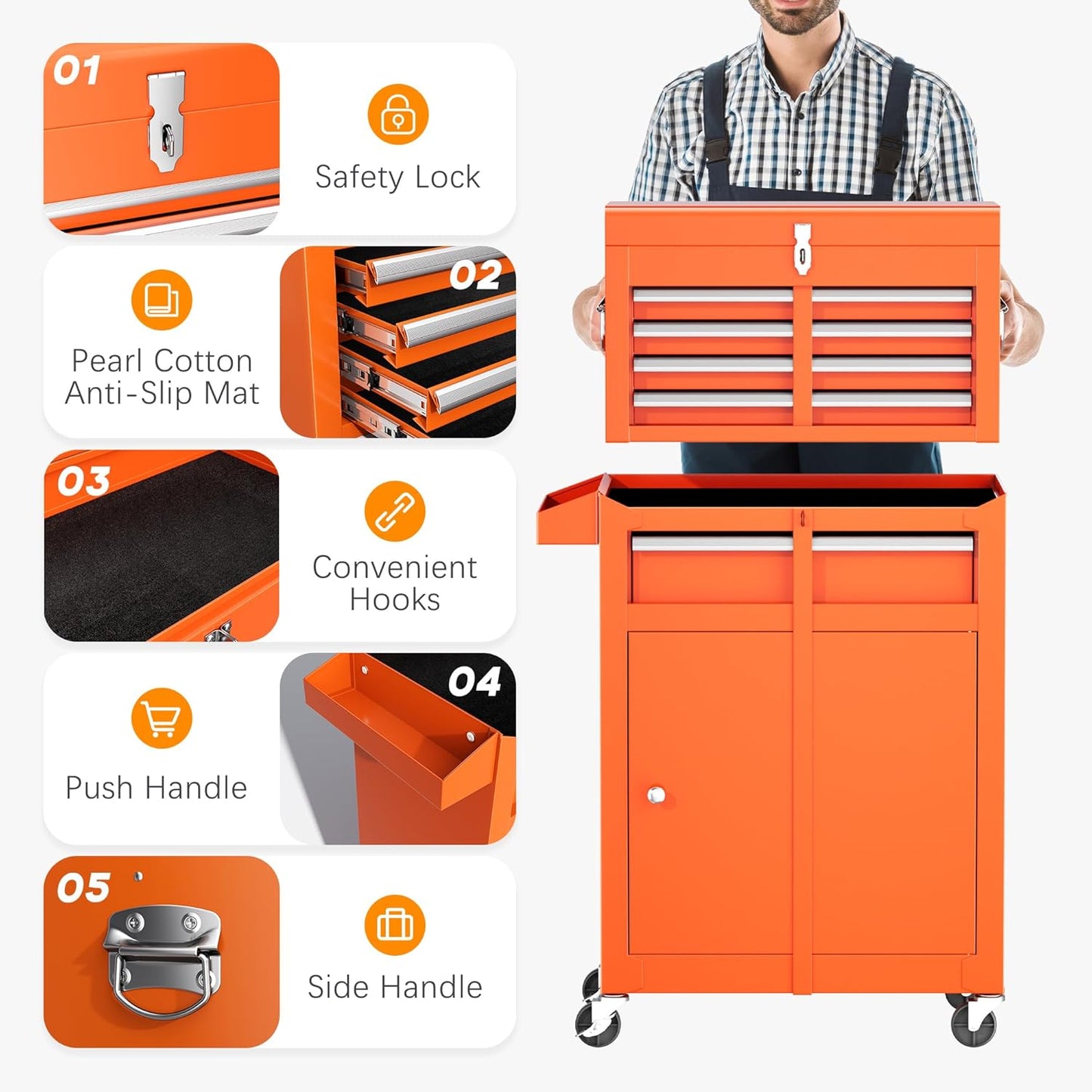 INTERGREAT Rolling Tool Chest with Wheels and 8 Drawers, Detachable Large Tool Cabinet with Lock for Garage, Locking Mechanic Tool Cart with Black Liner for Warehouse, Workshop, High Capacity