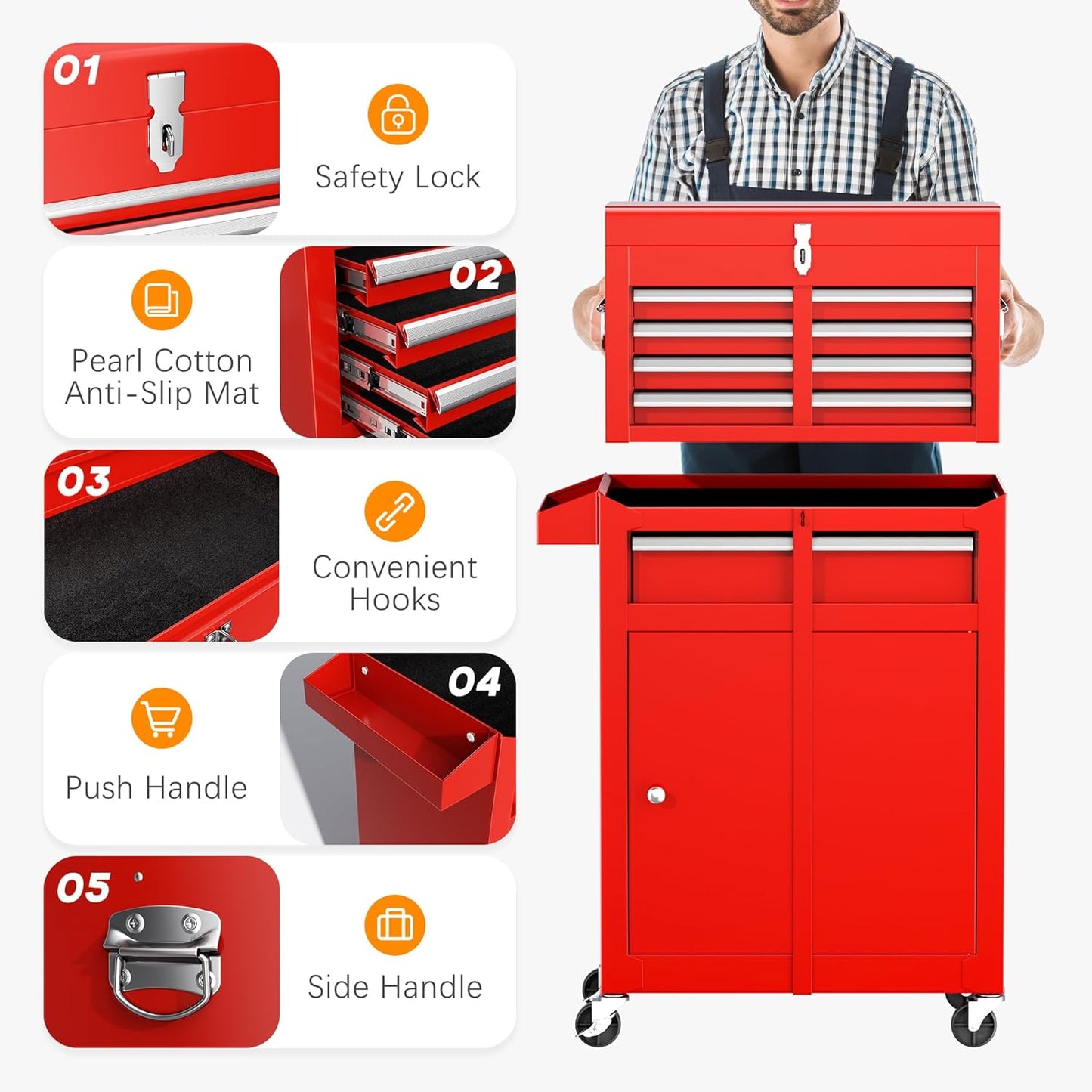 INTERGREAT Rolling Tool Chest with Wheels and 8 Drawers, Detachable Large Tool Cabinet with Lock for Garage, Locking Mechanic Tool Cart with Black Liner for Warehouse, Workshop, High Capacity
