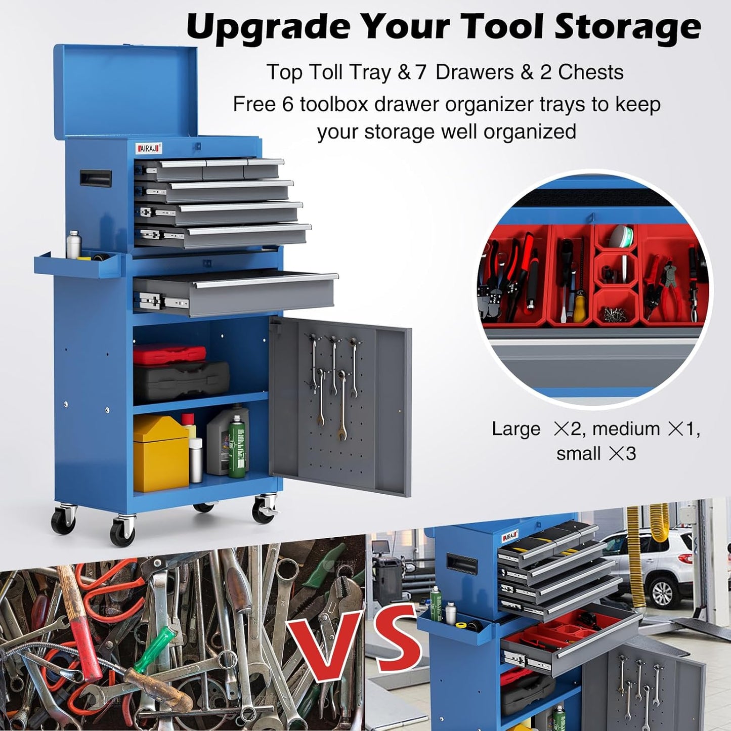 Tool Chest 7-Drawer | 40'' H Rolling Tool Chest with Wheels | Detachable Top Metal Tool Box | Garage Storage Cabinet for Repair Room,Warehouse | Rolling Tool Box with Hooks,Liners,Tray Divider
