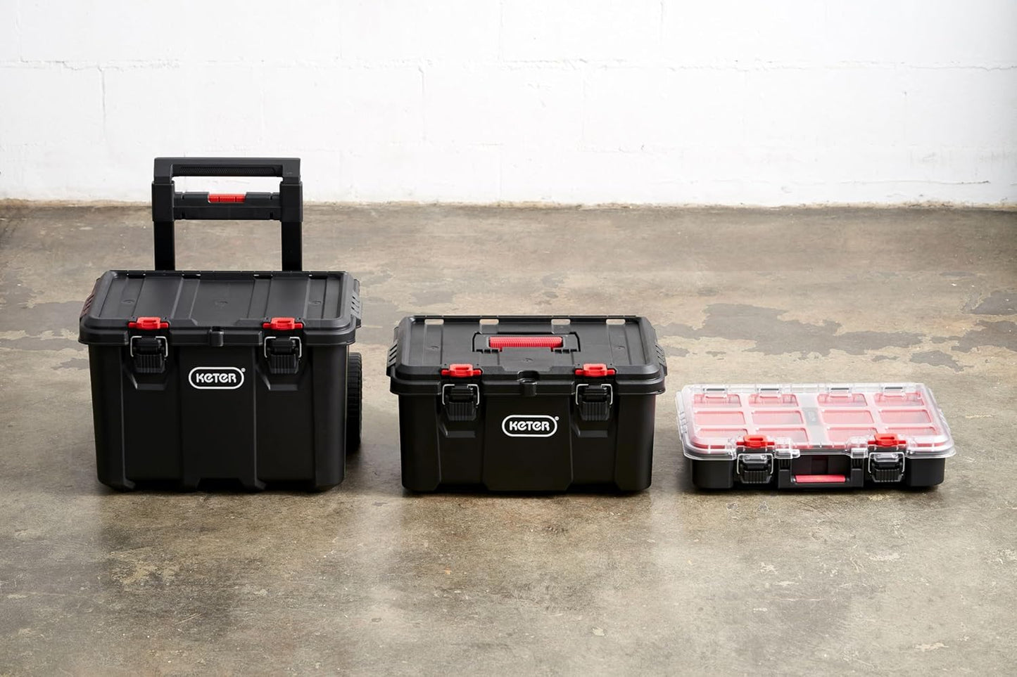 Keter Stack-n-Roll Modular Tools Organizer for Garage Storage and DIY, 4 Piece Resin Rolling Tool Box System for Small Parts, Black