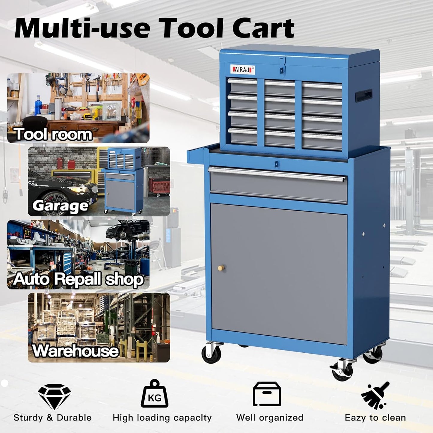 Tool Chest 7-Drawer | 40'' H Rolling Tool Chest with Wheels | Detachable Top Metal Tool Box | Garage Storage Cabinet for Repair Room,Warehouse | Rolling Tool Box with Hooks,Liners,Tray Divider