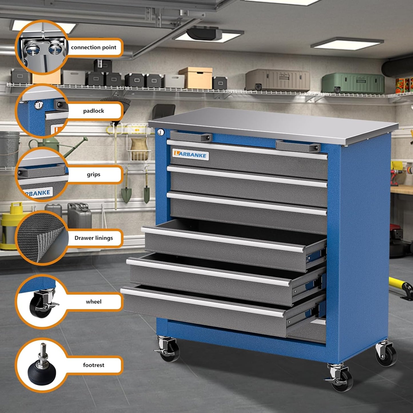 Tool Chest with Wheels and 4 Pad Feet,Tool Chest with 2 Doors and Adjustable Shelves,Lockable Steel Chest for Garage,Home and Office,can be Combined to Large Cabinet Set