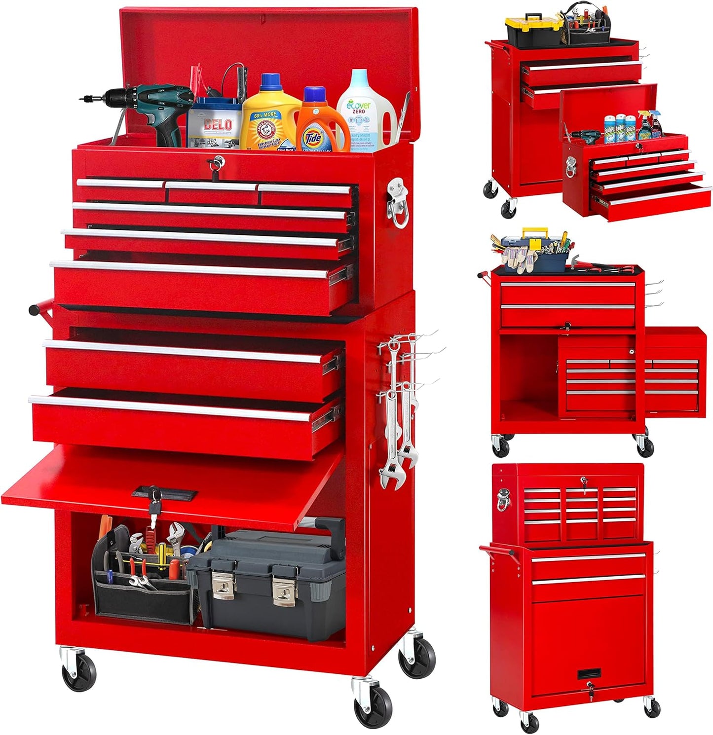 INTERGREAT Rolling Tool Chest with Wheels and 8 Drawers, Detachable Large Tool Cabinet with Lock for Garage, Locking Mechanic Tool Cart with Black Liner for Warehouse, Workshop, High Capacity