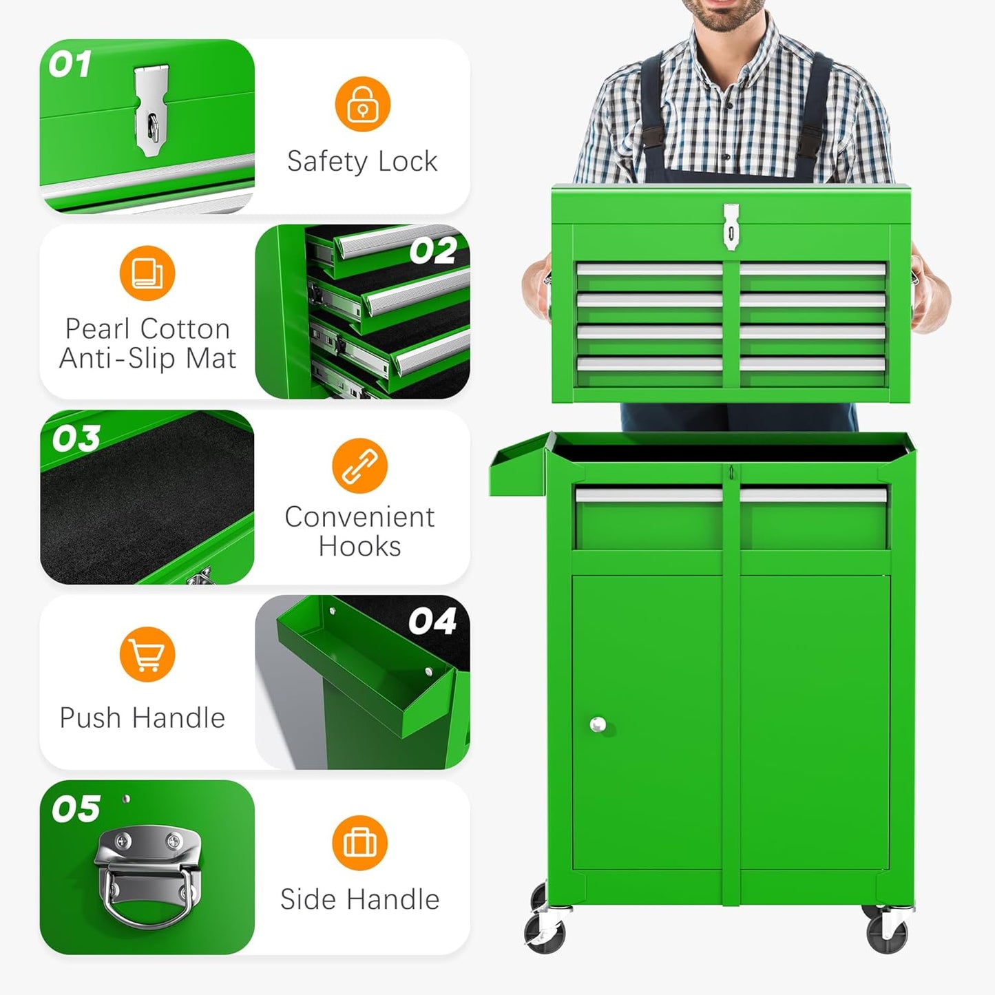 INTERGREAT Rolling Tool Chest with Wheels and 8 Drawers, Detachable Large Tool Cabinet with Lock for Garage, Locking Mechanic Tool Cart with Black Liner for Warehouse, Workshop, High Capacity