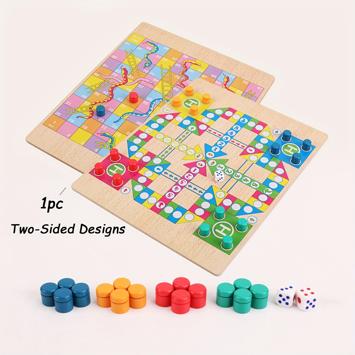 1pc Wooden Dual-Sided Snake and Flying Chess Game, Classic Indoor Tabletop Board Game, Educational Puzzle Toy Gift, Standard Edition