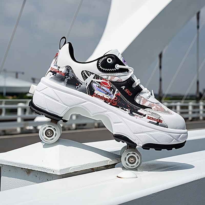 Stylish High-Top Skate Shoes for Boys with 4 Removable Wheels, Comfortable And Slip-Resistant Lace-Up Sneakers.